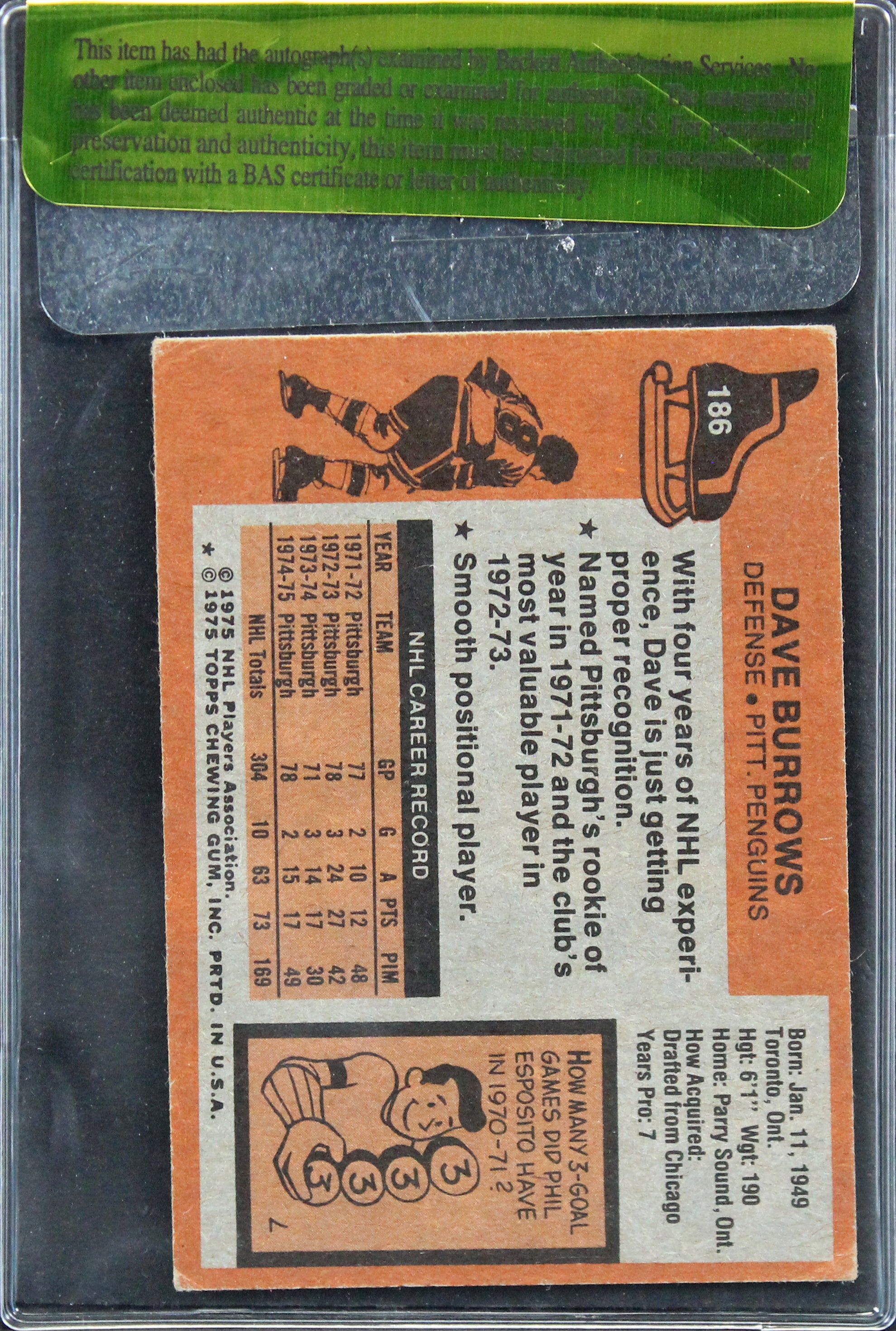 Penguins Dave Burrows Authentic Signed 1975 Topps #186 Card BAS #11357
