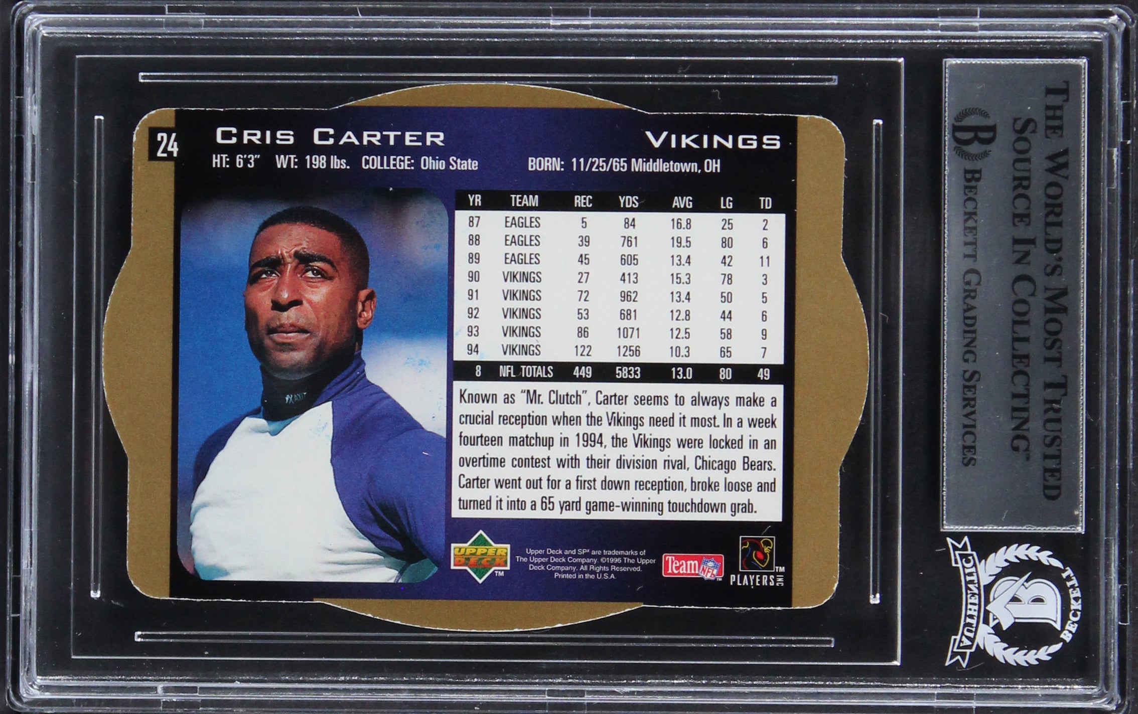 Vikings Cris Carter Authentic Signed 1996 SPX Gold #24 Card BAS Slabbed 2