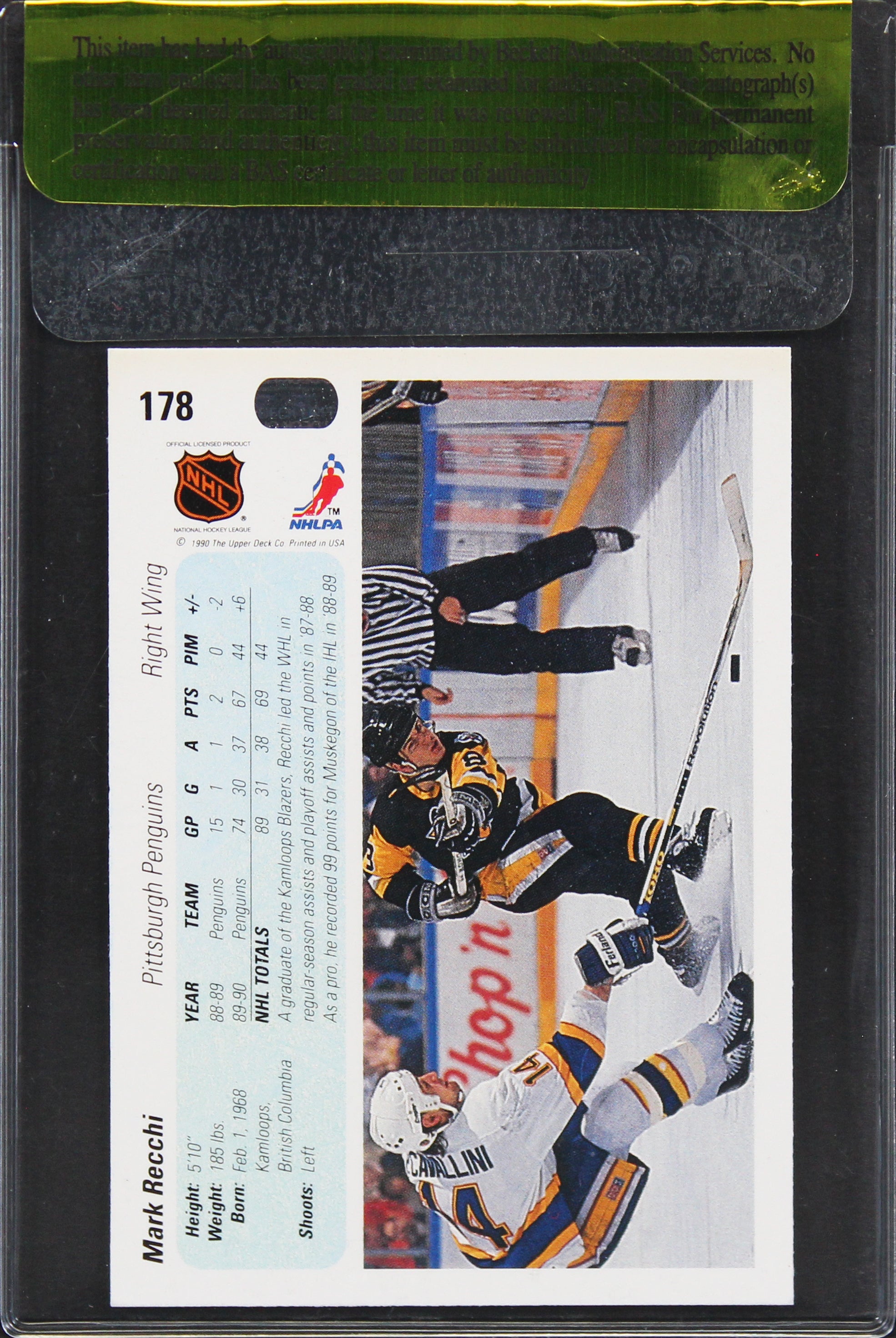 Penguins Mark Recchi Authentic Signed 1990 Upper Deck #178 Card BAS #11339