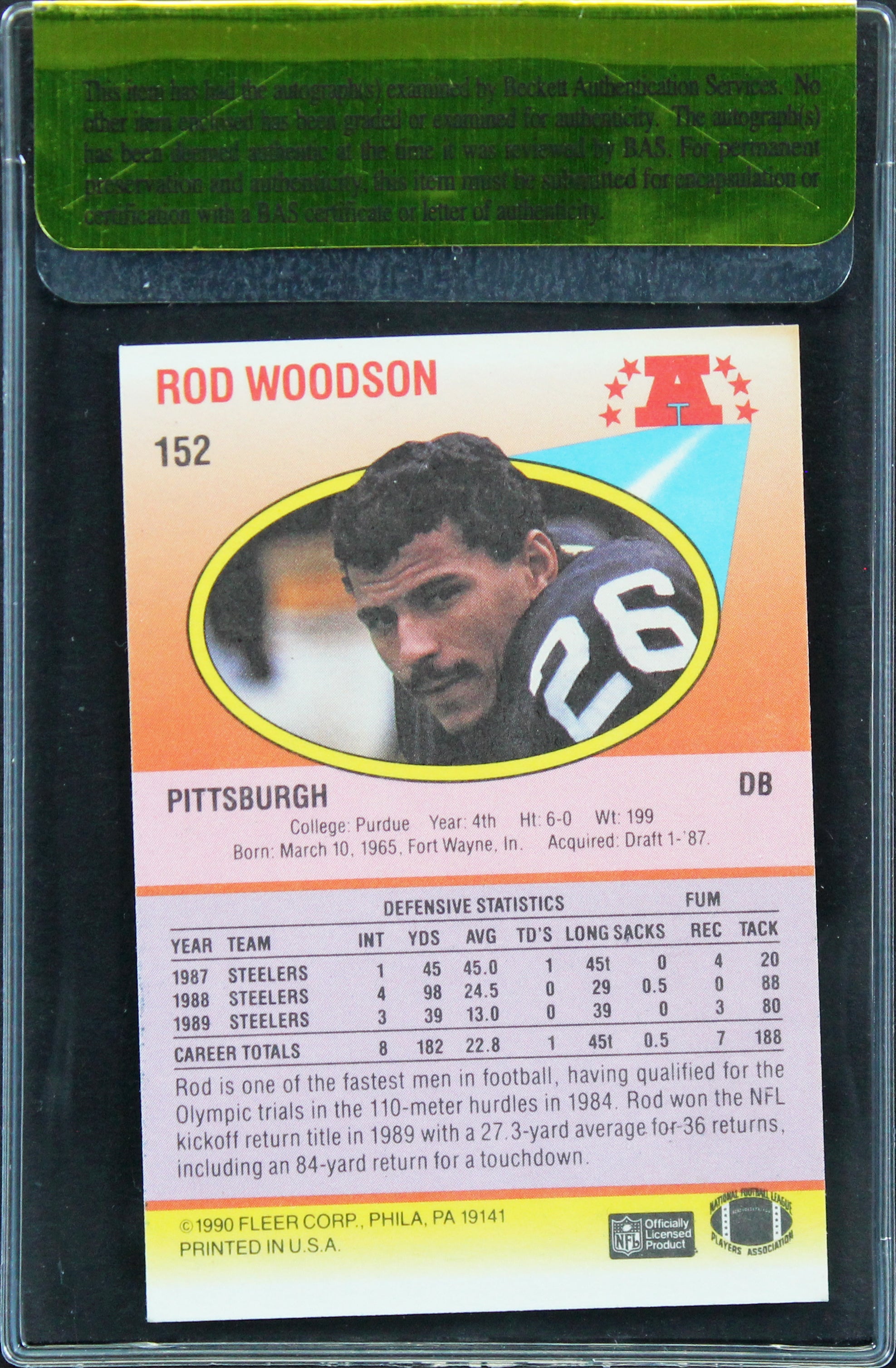 Steelers Rod Woodson Authentic Signed 1990 Fleer #152 Card BAS #11288