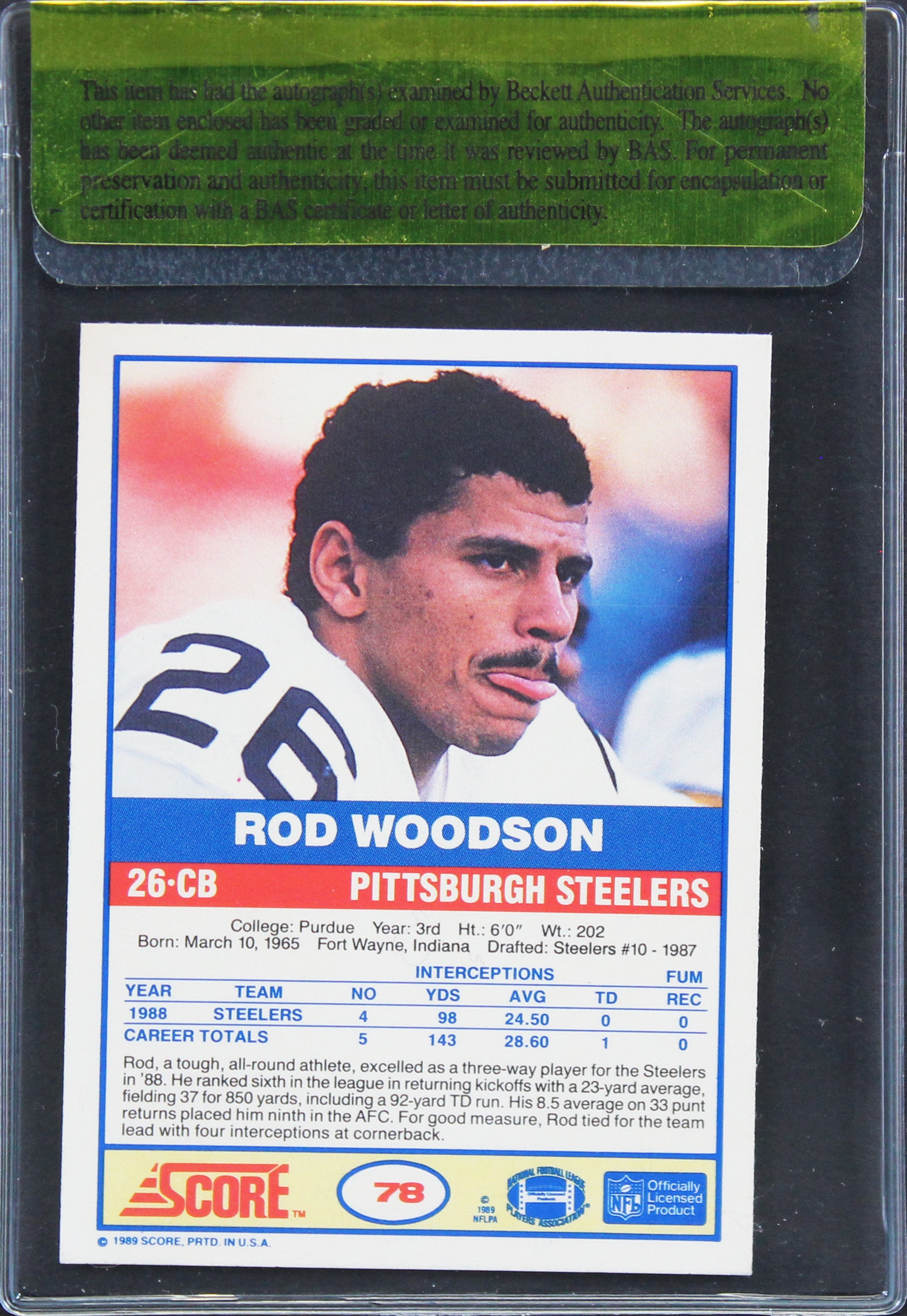 Steelers Rod Woodson Authentic Signed 1989 Score #78 Rookie Card BAS #11283