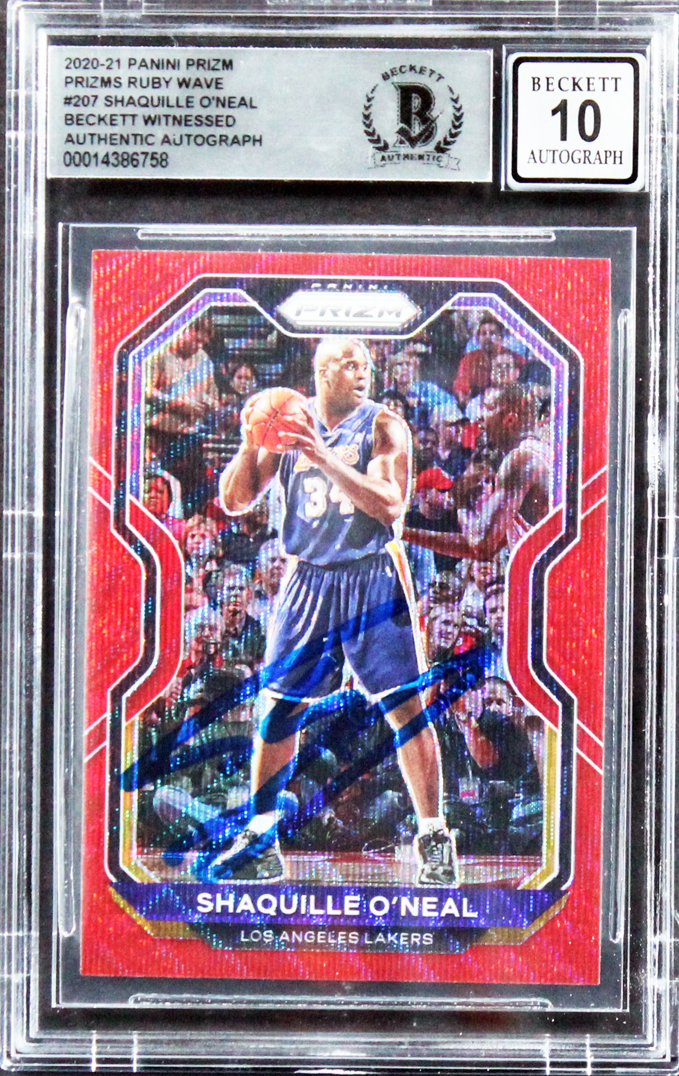 Shaquille O'Neal Signed 2020 Panini Prizm Ruby Wave #207 Card Auto 10! BAS Slab