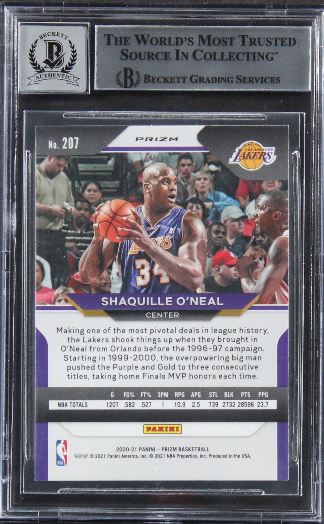 Shaquille O'Neal Signed 2020 Panini Prizm Ruby Wave #207 Card Auto 10! BAS Slab