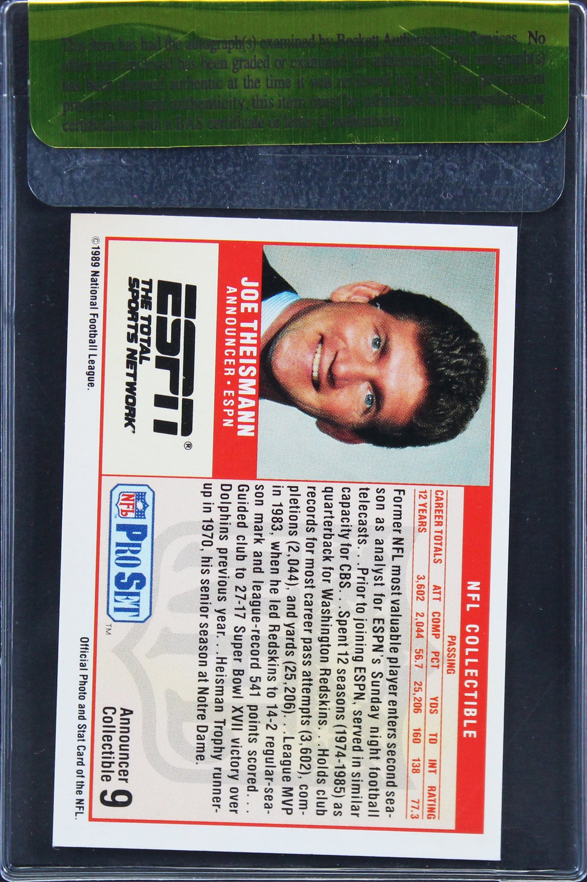 Redskins Joe Theisman Signed 1989 NFL Pro Set Announcer #9 Card BAS #11390