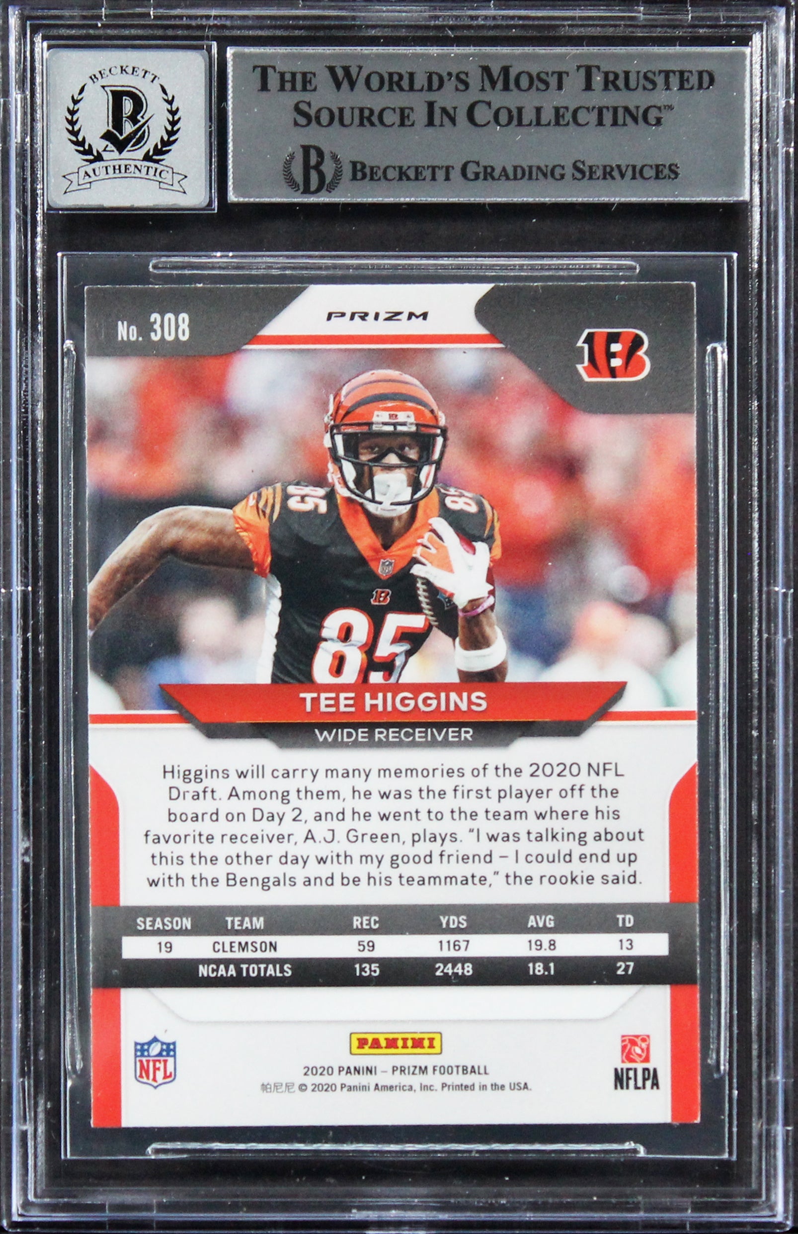 Tee Higgins Signed 2020 Panini Prizm Prizms #308 RC Card Auto 10! BAS Slabbed