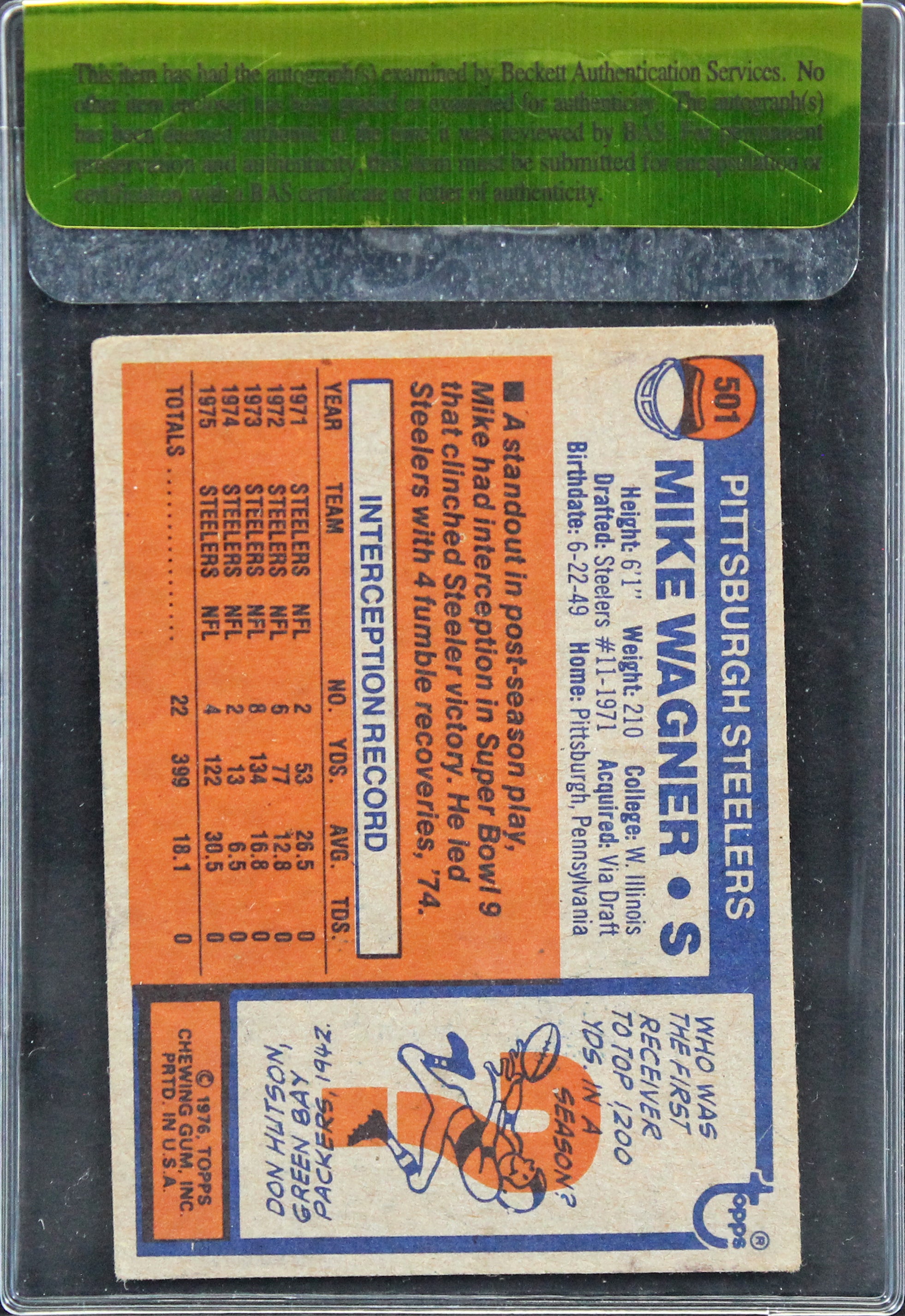 Steelers Mike Wagner Authentic Signed 1976 Topps #501 Card BAS #11396
