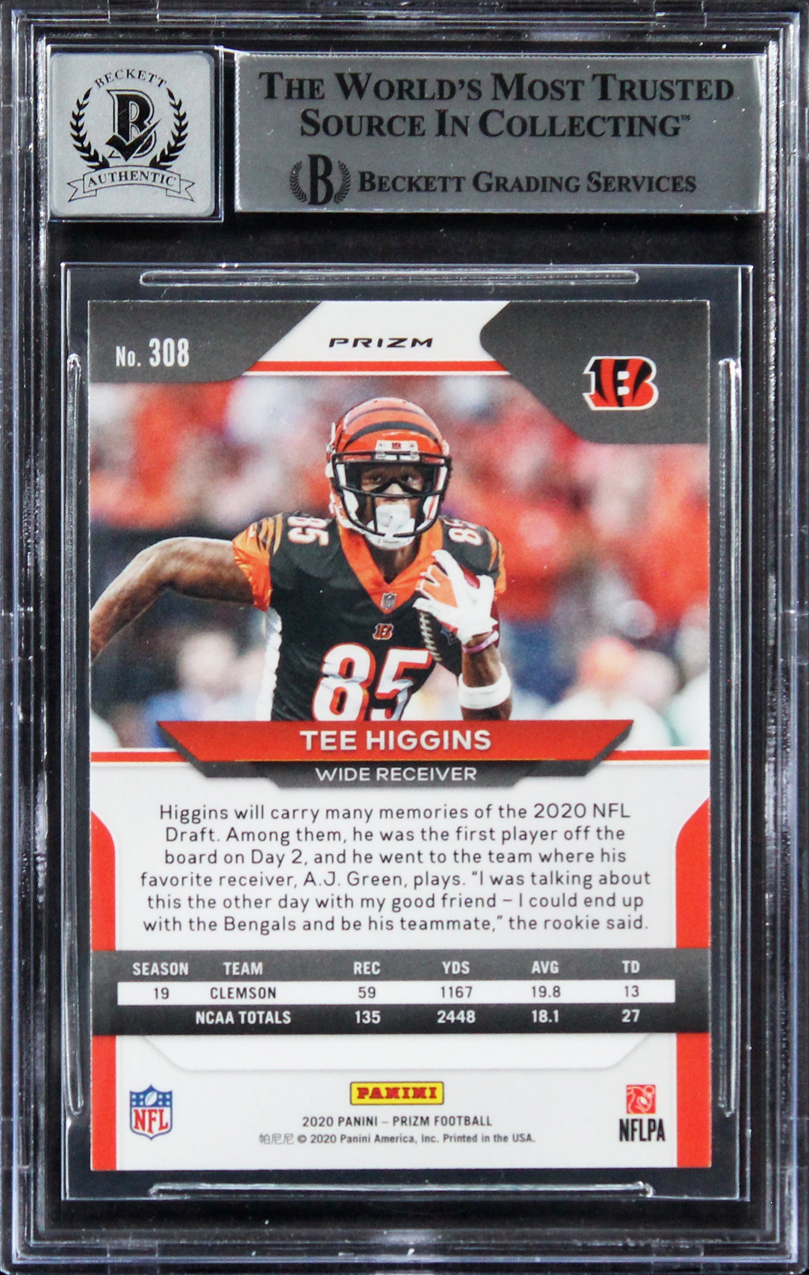 Tee Higgins Signed 2020 Panini Prizm Orange Lazer #308 RC Card Auto 10! BAS Slab