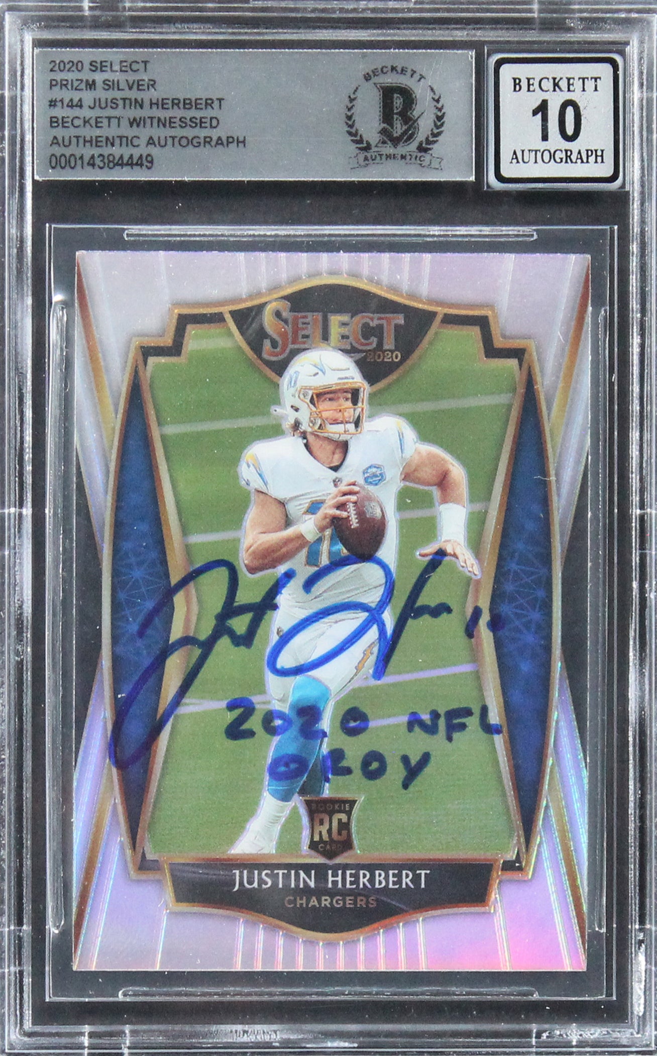 Justin Herbert Signed 2020 Select Prizm Silver #144 RC Card Auto 10 BAS Slabbed