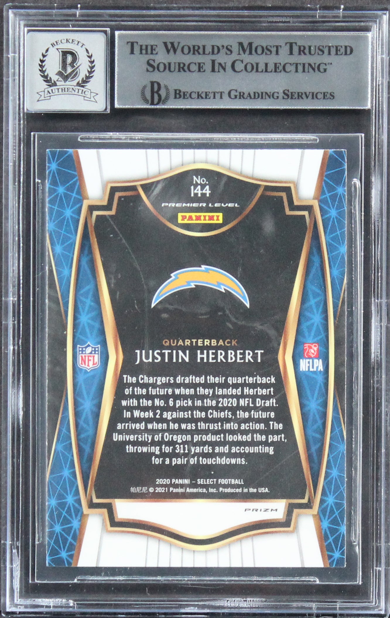 Justin Herbert Signed 2020 Select Prizm Silver #144 RC Card Auto 10 BAS Slabbed