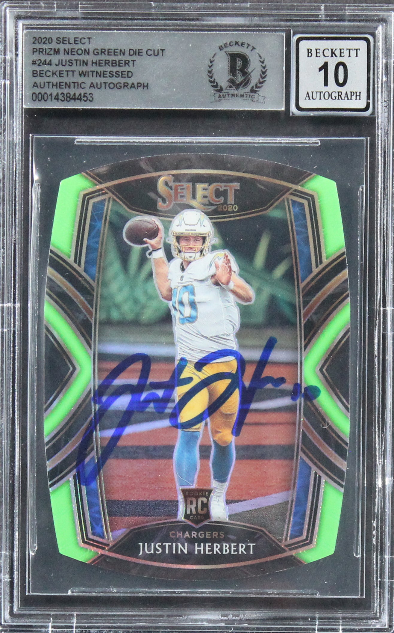 Justin Herbert Signed 2020 Select Prizm Neon Green DC #244 Card Auto 10 BAS Slab