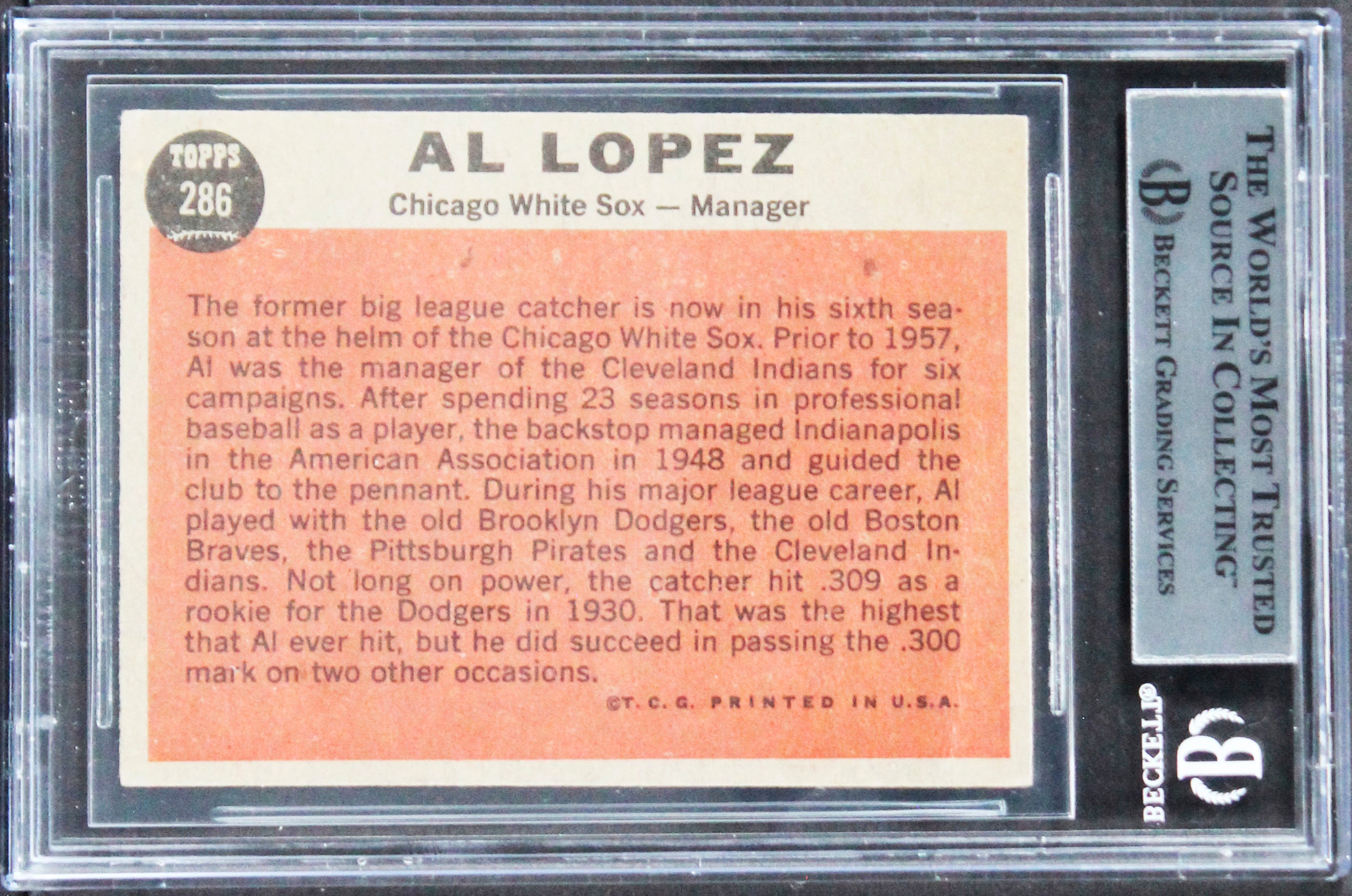 White Sox Al Lopez Authentic Signed 1963 Topps #286 Card Autographed BAS Slabbed