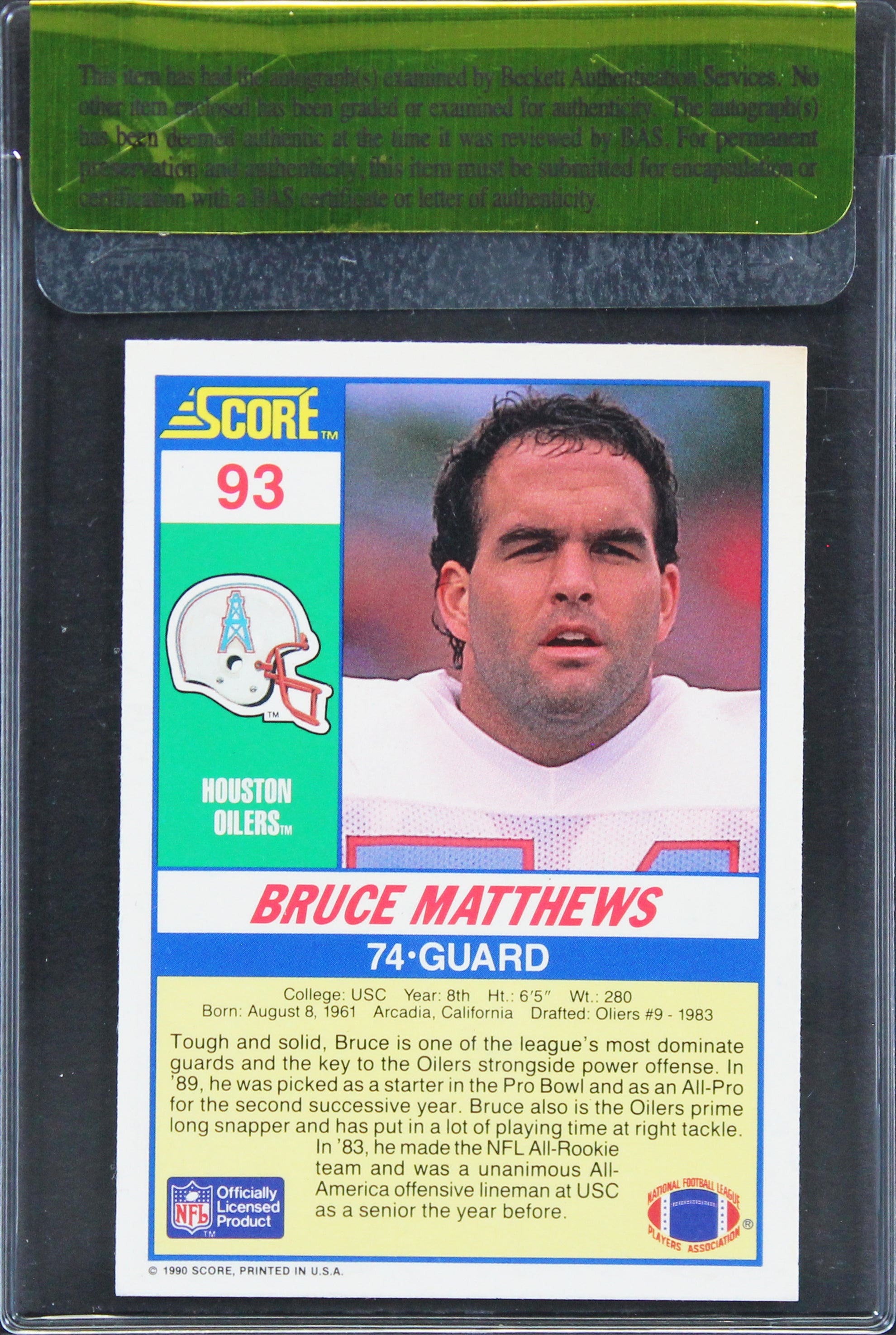 Oilers Bruce Matthews Authentic Signed 1990 Score #93 Card BAS #11315