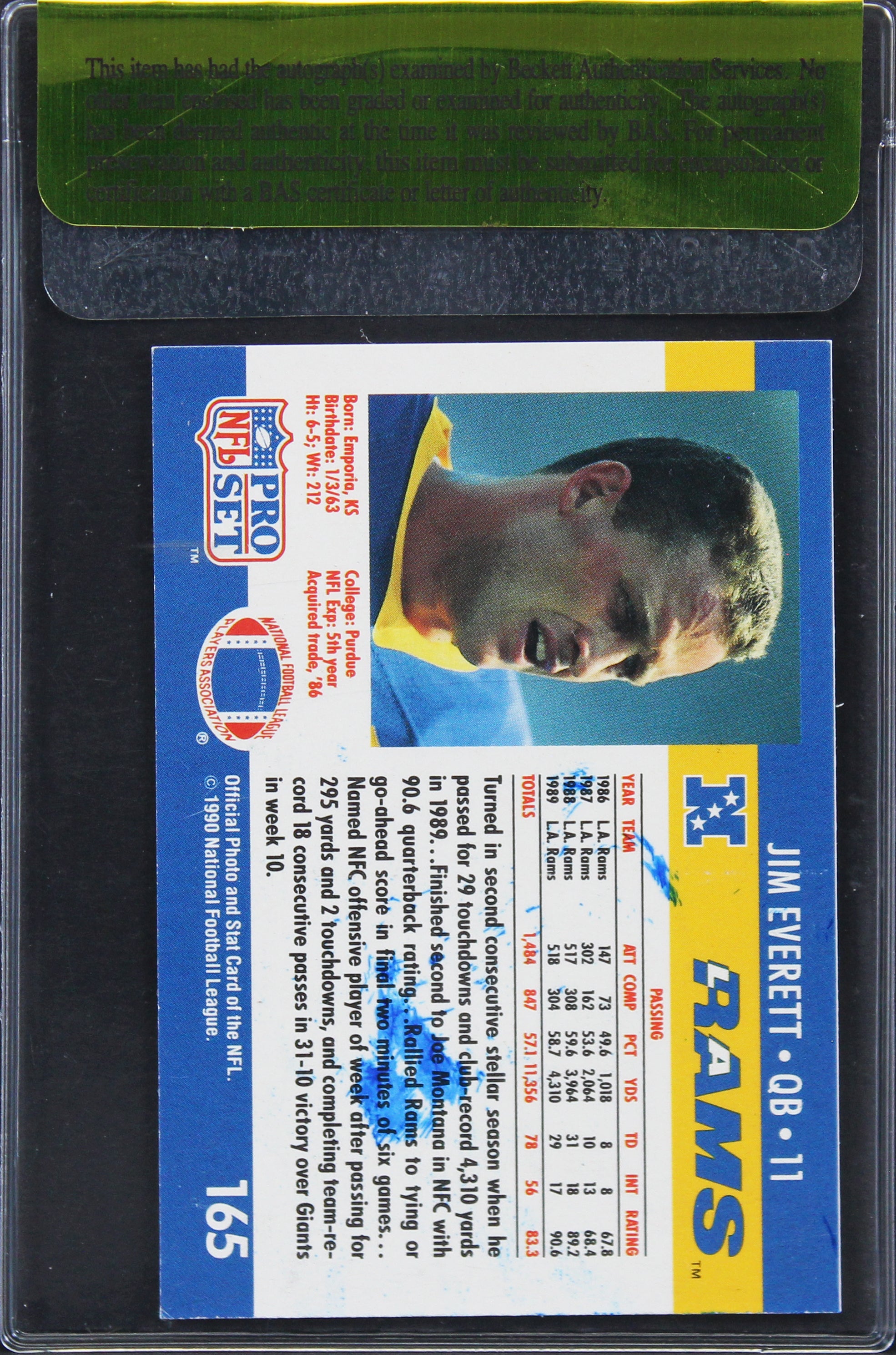 Rams Jim Everett Authentic Signed 1990 Topps #165 Card Autographed BAS #11311