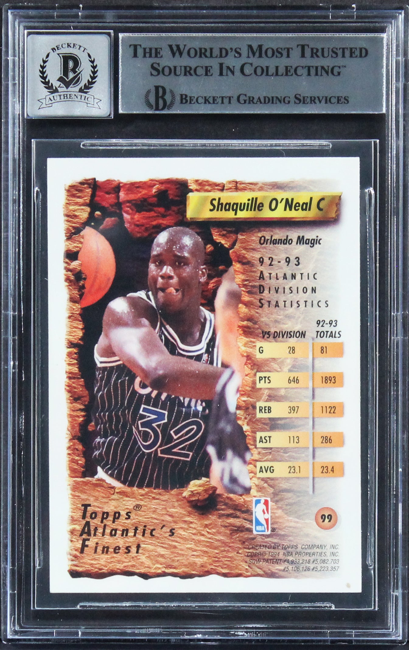 Magic Shaquille O'Neal Signed 1993 Finest #99 AF Card Auto 10! BAS Slabbed