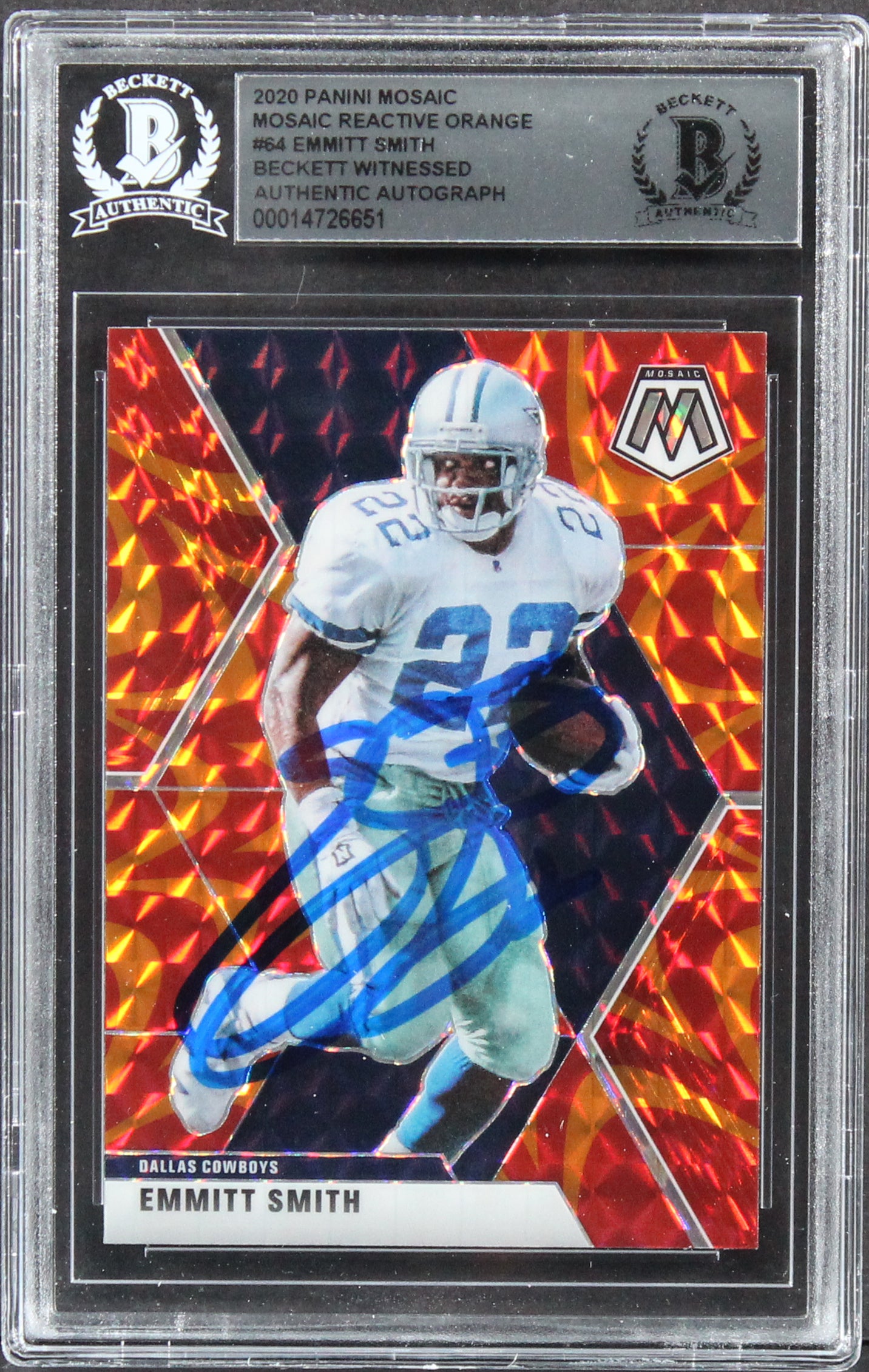 Cowboys Emmitt Smith Signed 2020 Panini Mosaic Reactive Orange #64 Card BAS Slab