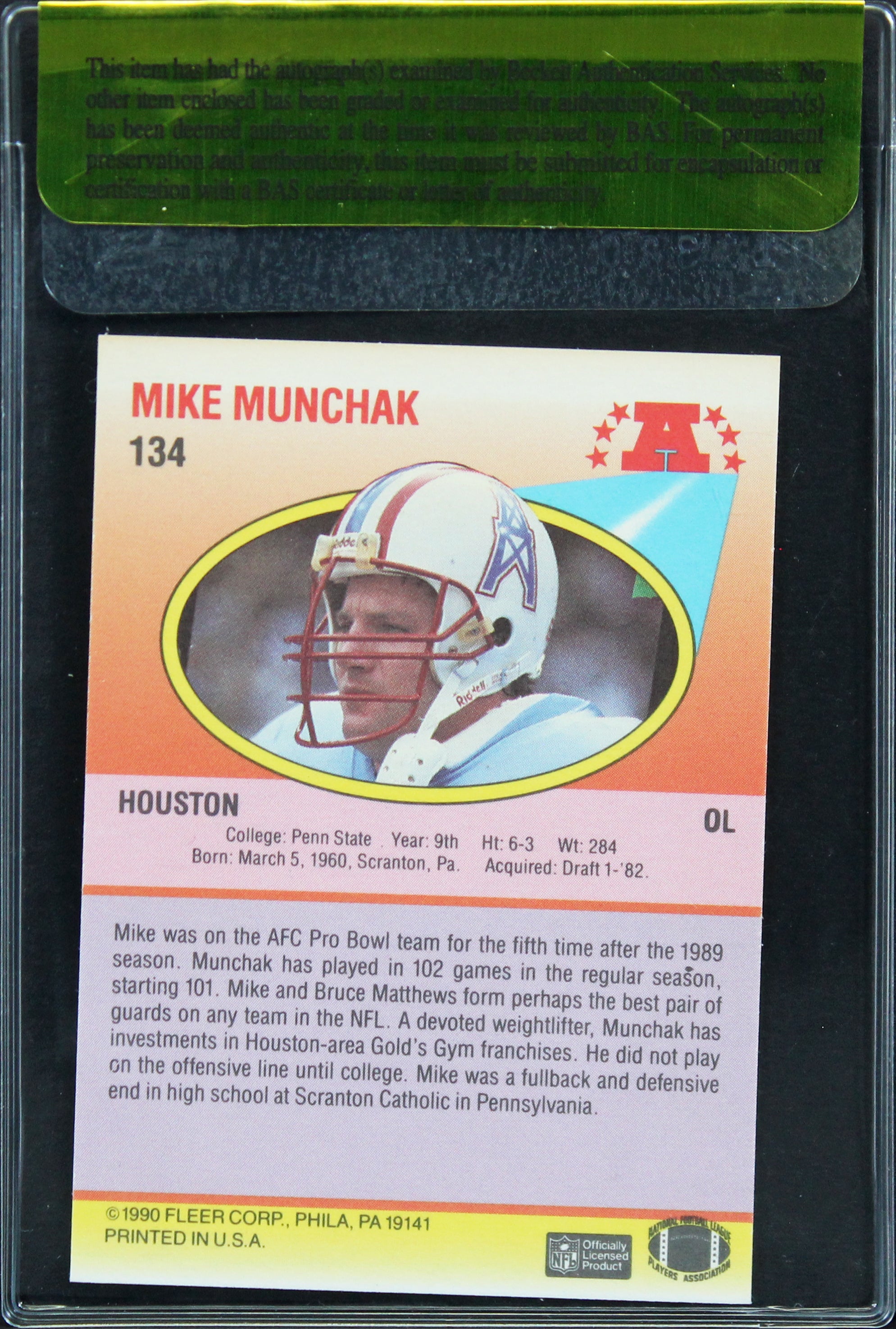 Oilers Mike Munchak Authentic Signed 1990 Fleer #134 Card Autographed BAS #11320