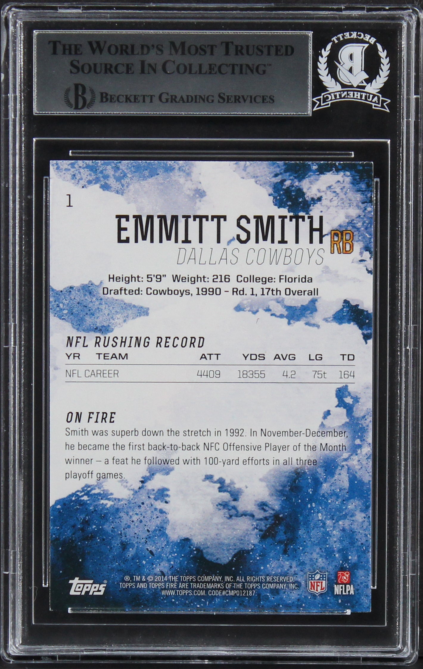 Cowboys Emmitt Smith Authentic Signed 2014 Topps Fire Flame #1 Card BAS Slabbed