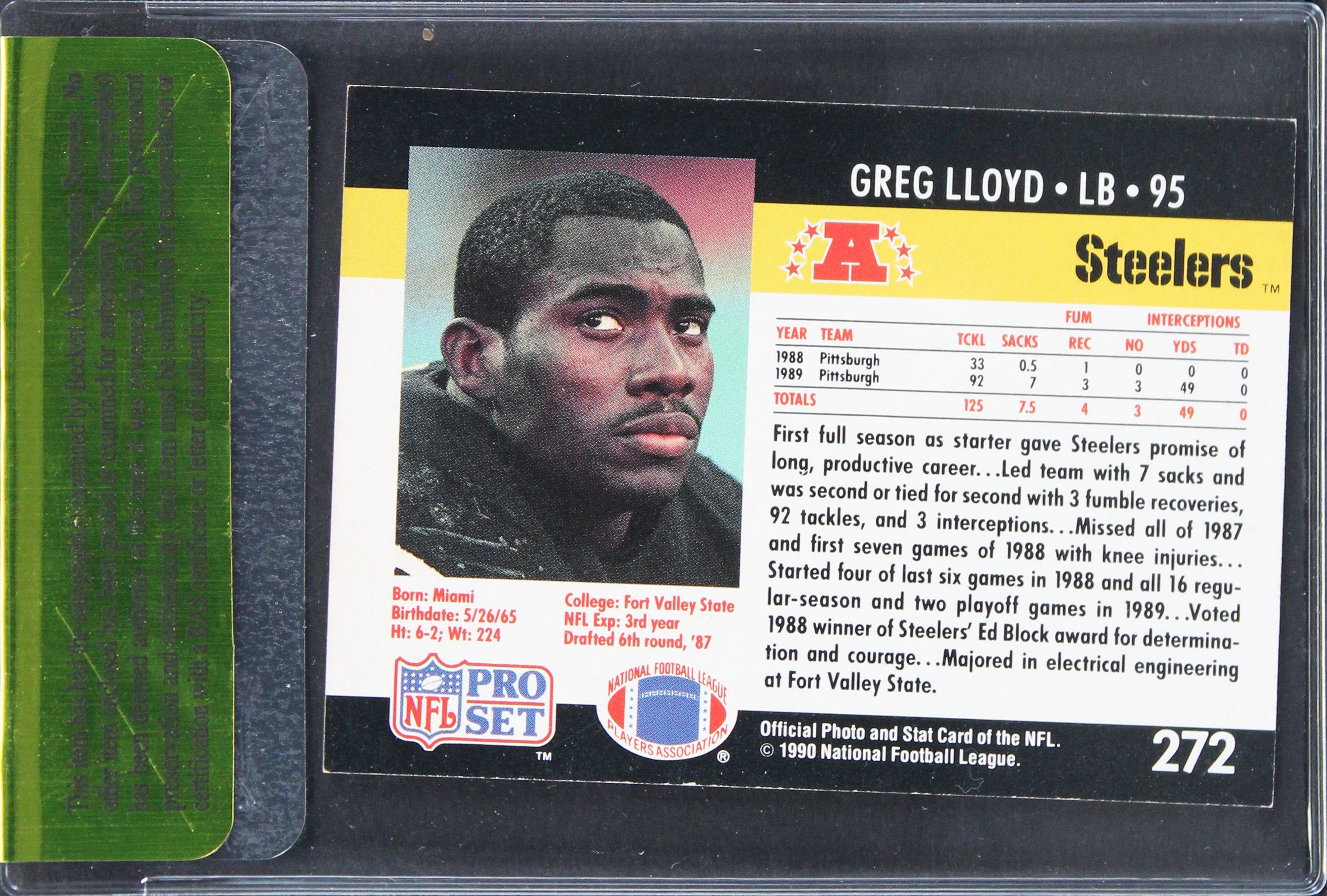 Steelers Greg Lloyd Authentic Signed 1990 NFL Pro Set #272 Card BAS #11313