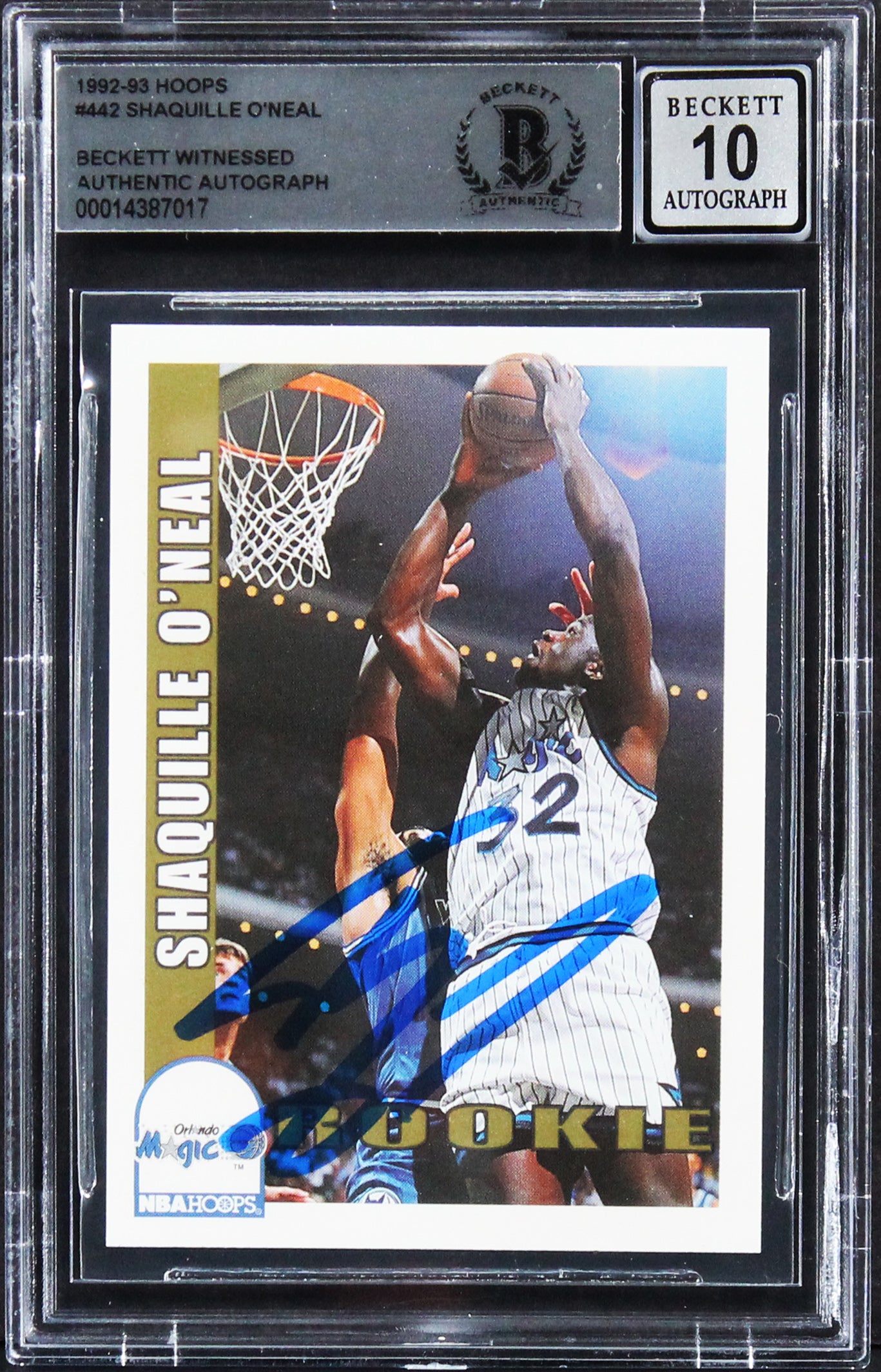 Magic Shaquille O'Neal Signed 1992 Hoops #442 Rookie Card Auto 10! BAS Slabbed