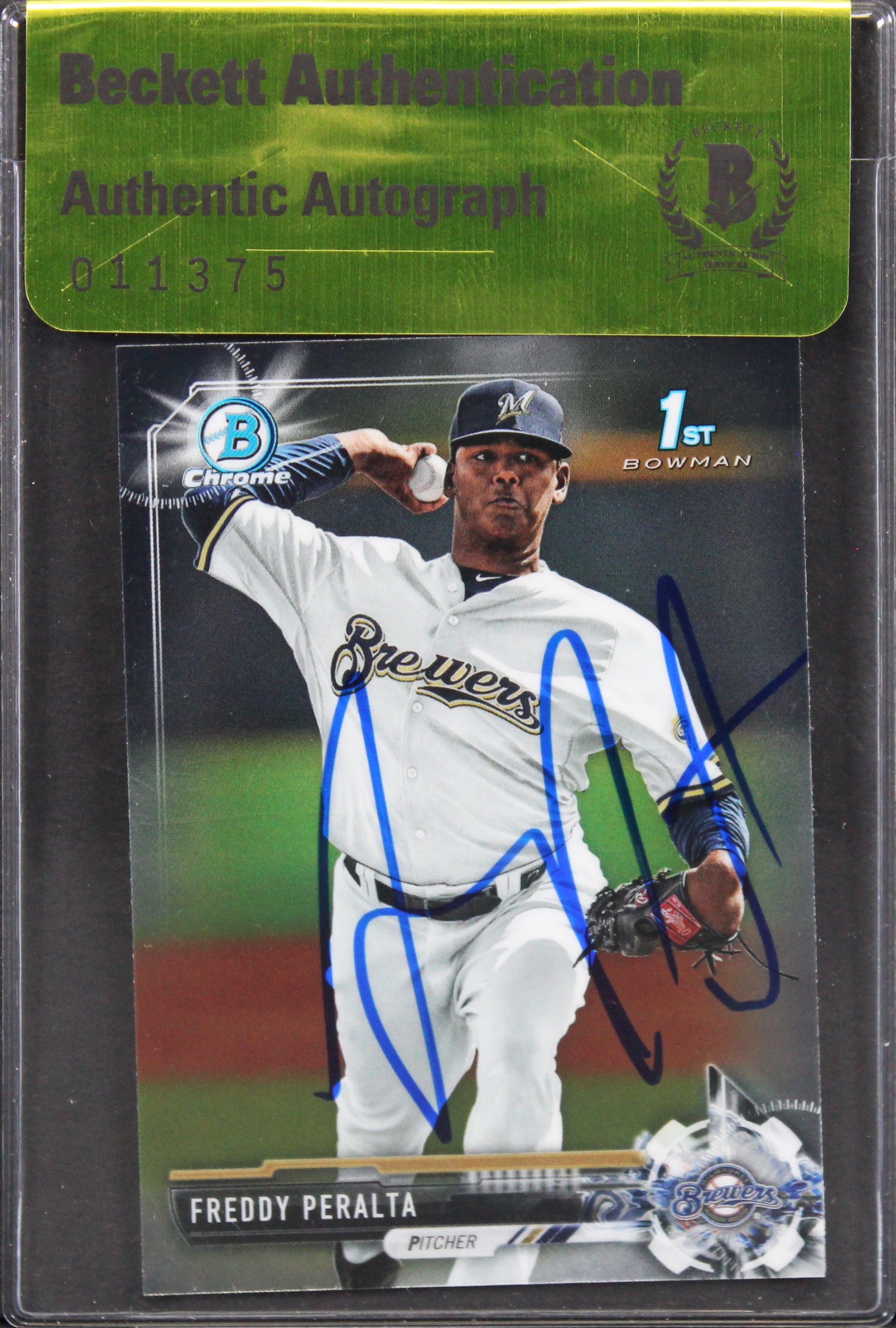 Brewers Freddy Peralta Signed 2017 Bowman Chrome #BCP22 Card BAS #11375