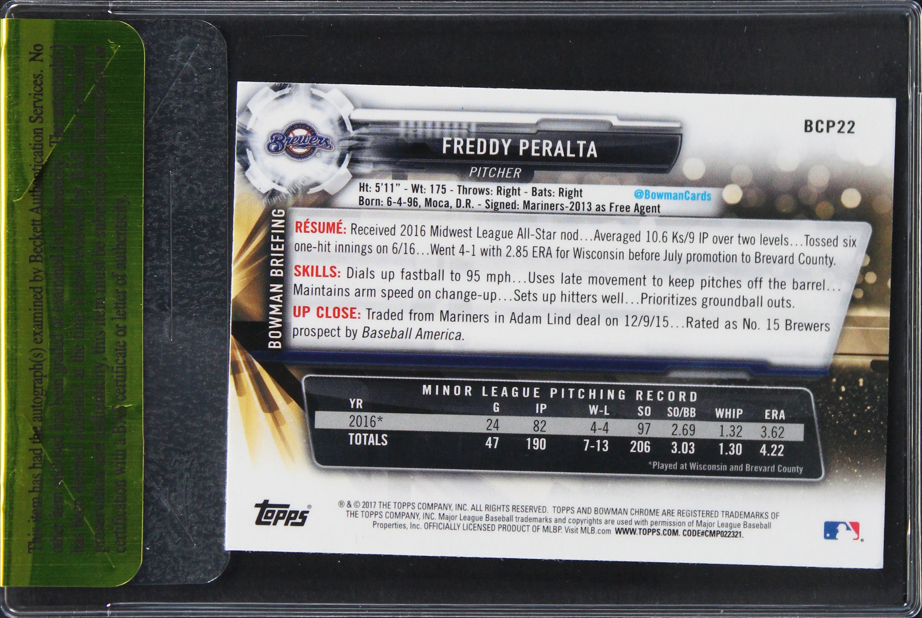 Brewers Freddy Peralta Signed 2017 Bowman Chrome #BCP22 Card BAS #11375