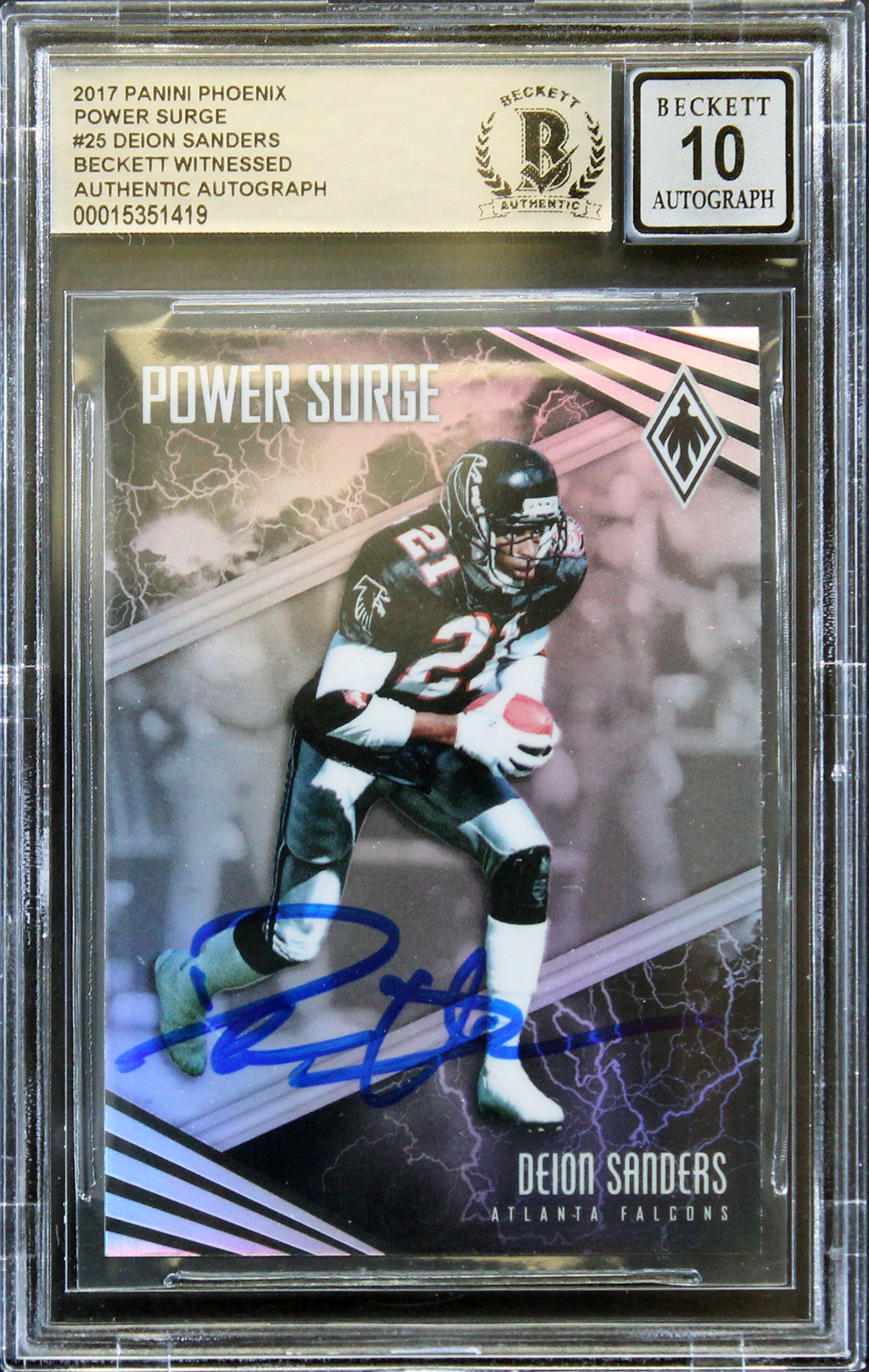 Deion Sanders Signed 2017 Panini Phoenix Power Surge #25 Card Auto 10! BAS Slab