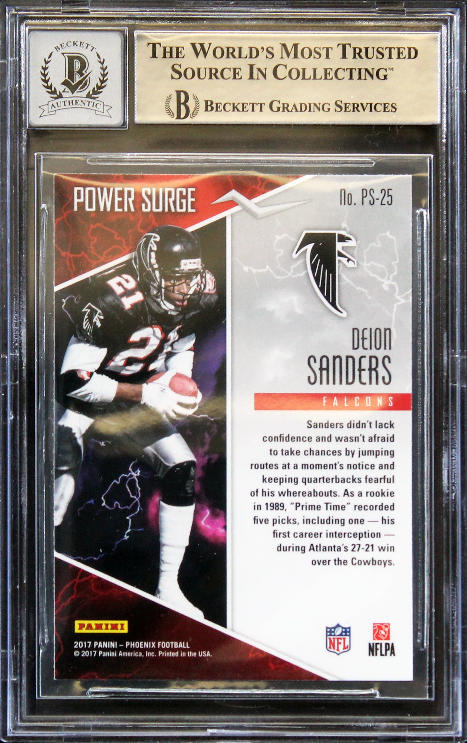 Deion Sanders Signed 2017 Panini Phoenix Power Surge #25 Card Auto 10! BAS Slab