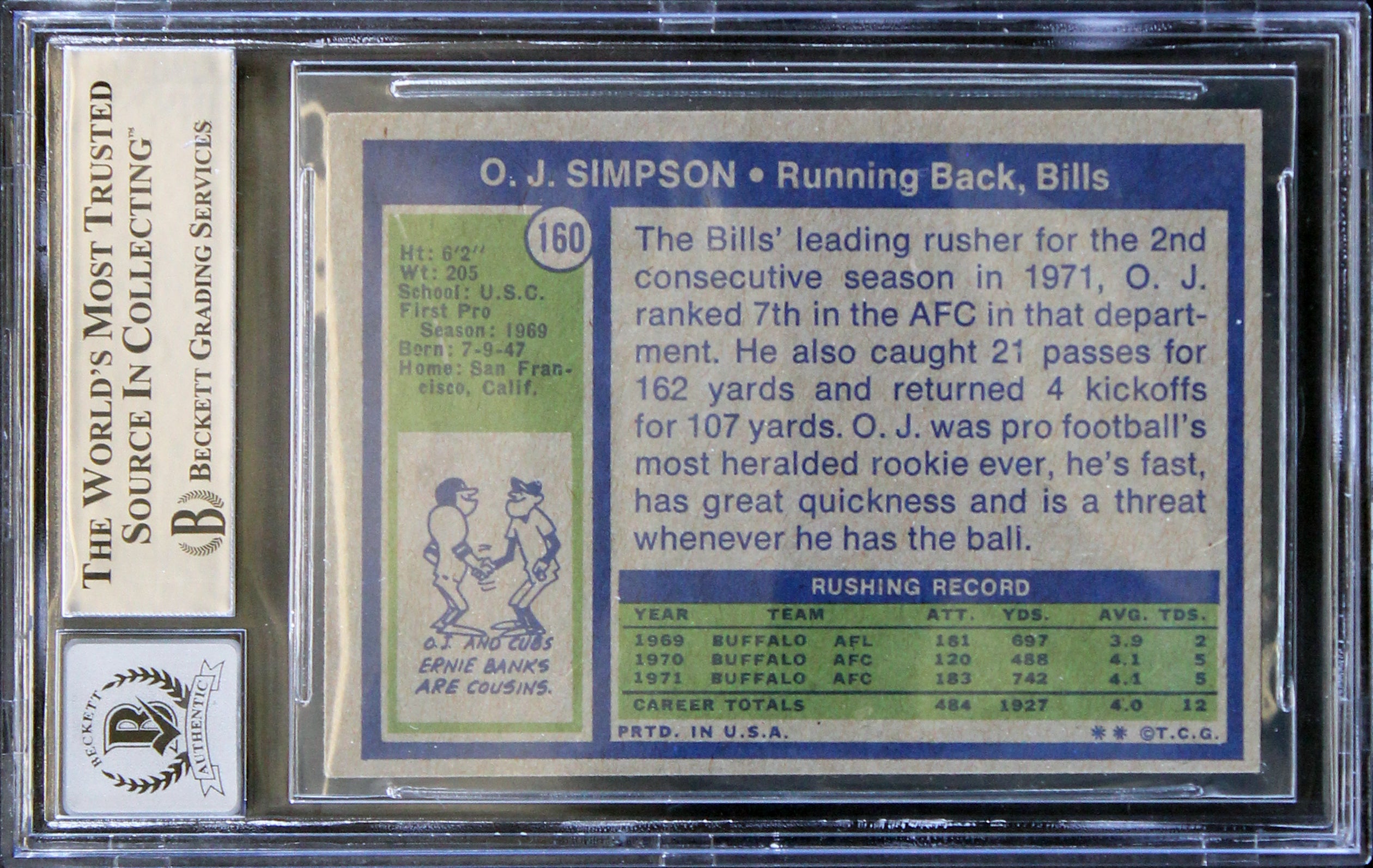 Bills O.J. Simpson "HOF 85" Signed 1972 Topps #160 Card Auto 10! BAS Slabbed