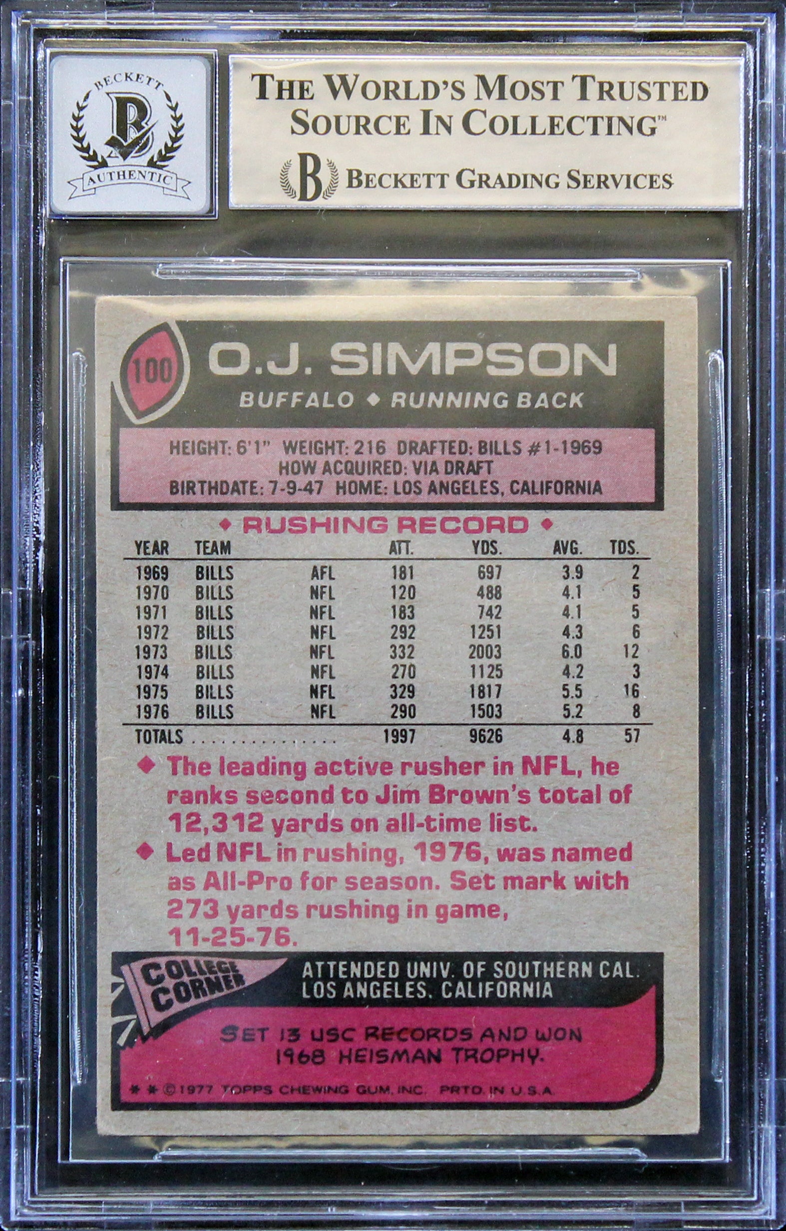 Bills O.J. Simpson "HOF 85" Signed 1977 Topps #100 Card Auto 10! BAS Slabbed