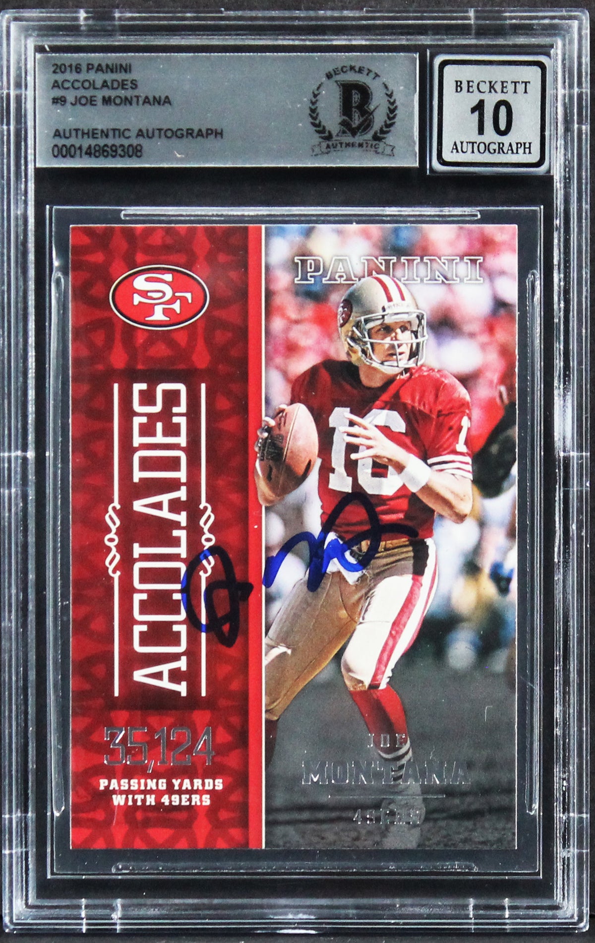 49ers Joe Montana Signed 2016 Panini Accolades #9 Card Auto 10! BAS Slabbed