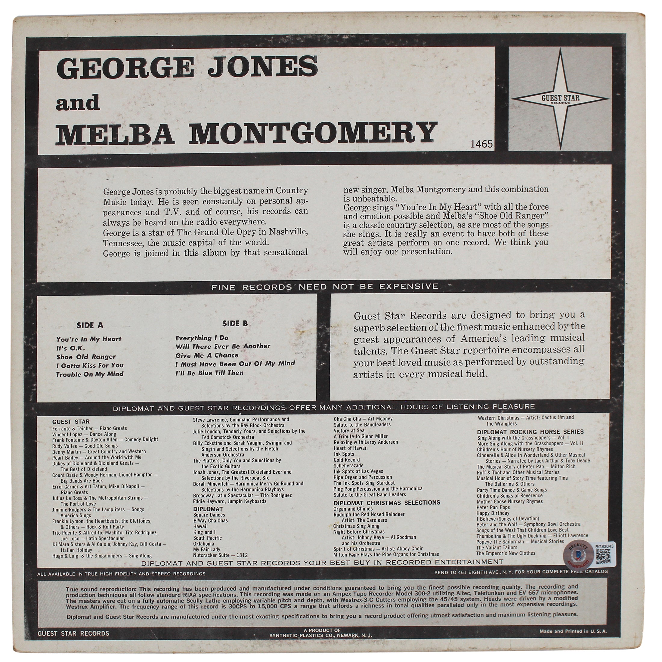 George Jones "Thanks" Authentic Signed Guest Star Album Cover BAS #BG83043