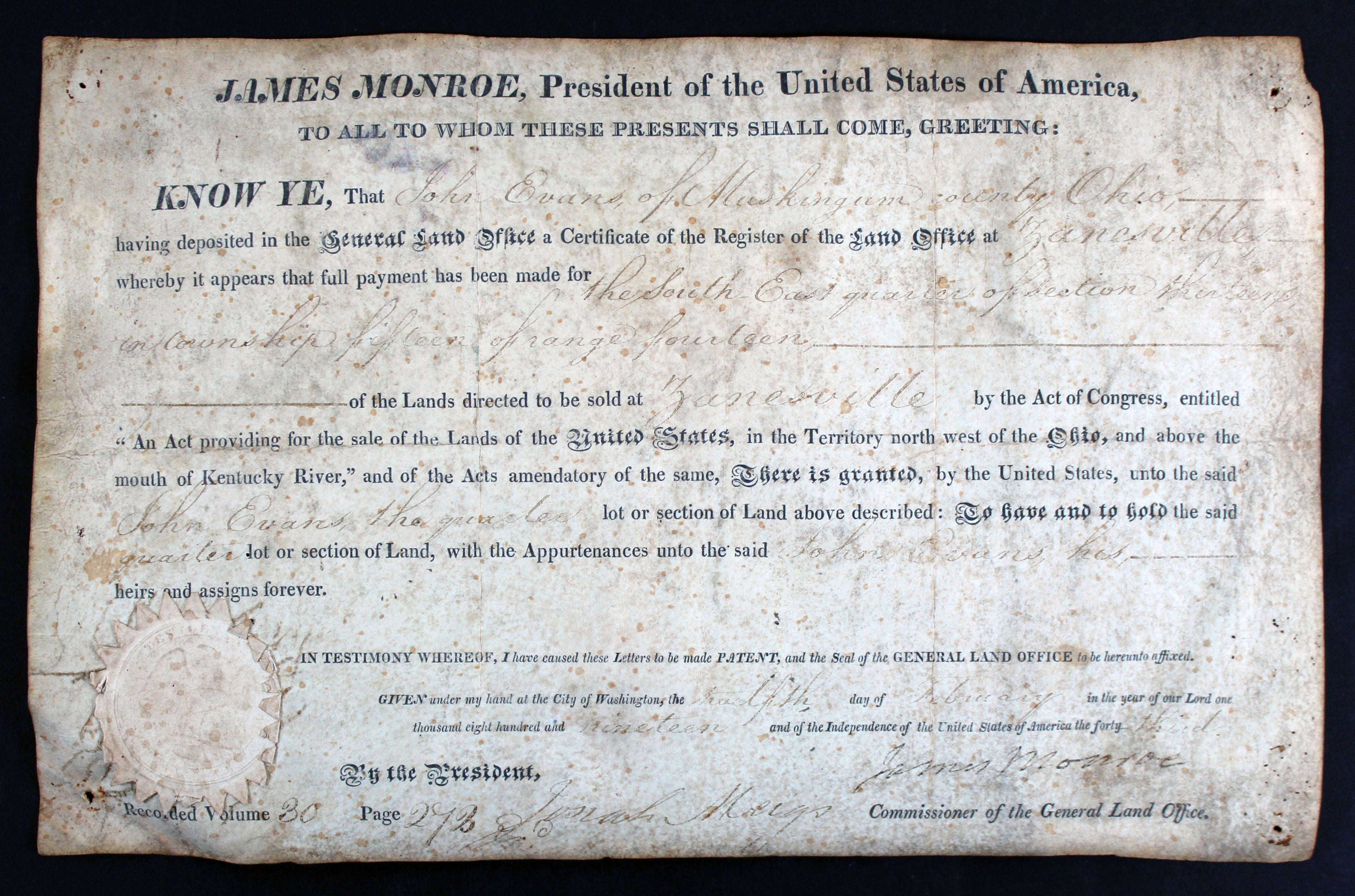 James Monroe Authentic Signed 8.25x13.25 1819 Land Grant Document JSA #BB88828