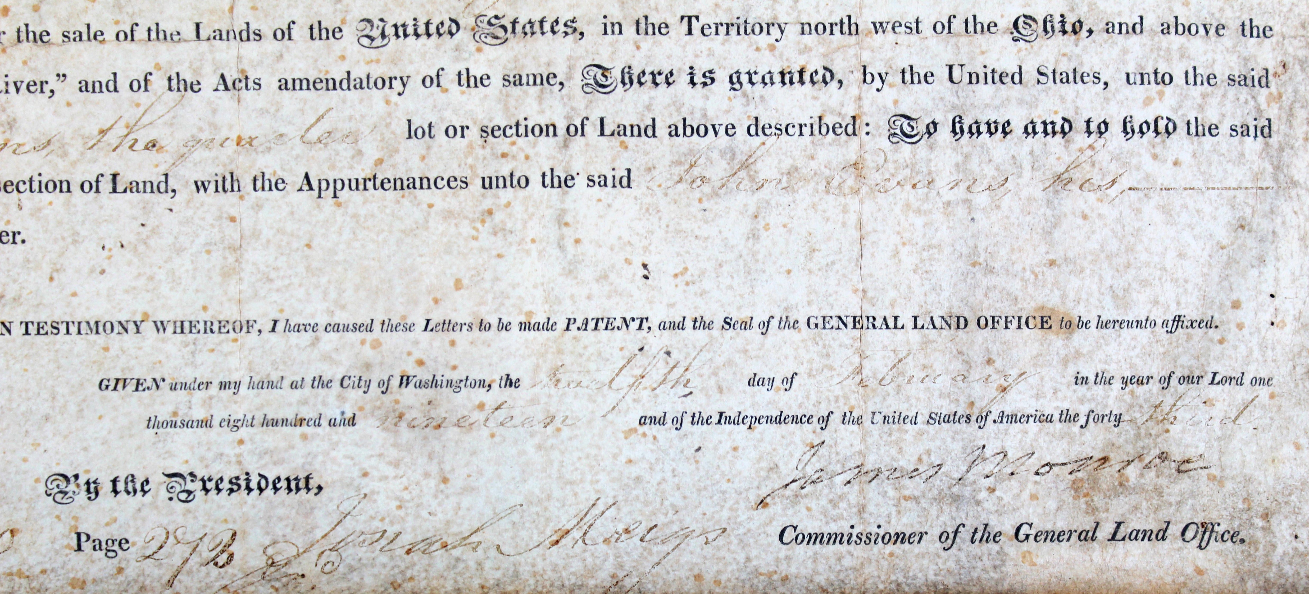 James Monroe Authentic Signed 8.25x13.25 1819 Land Grant Document JSA #BB88828