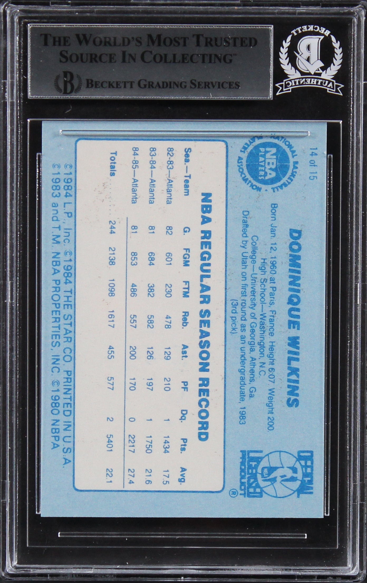 Hawks Dominique Wilkins "HOF 06" Signed 1986 Star BOTB #14 Card BAS Slabbed