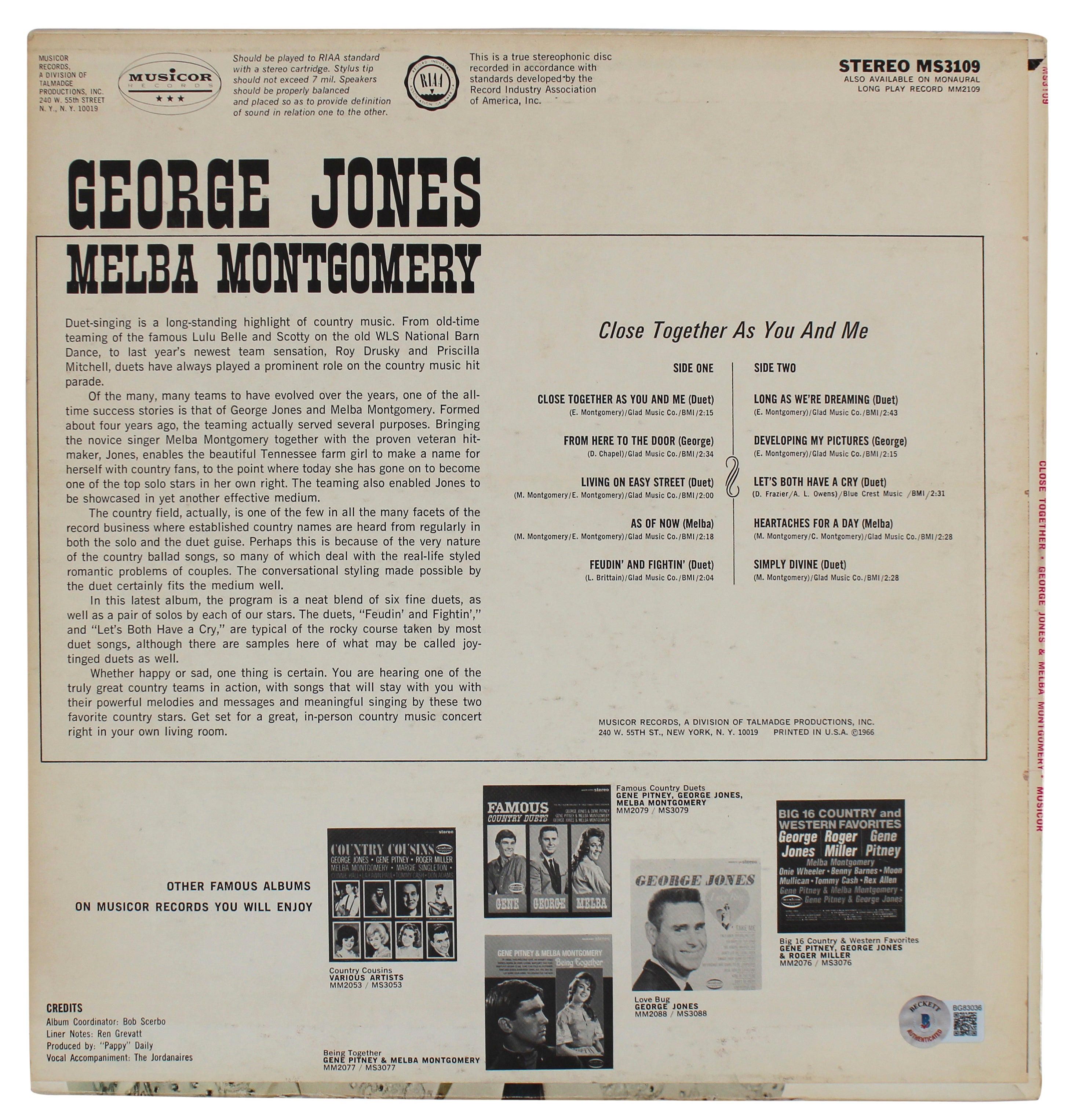 George Jones Authentic Signed Close Together Album Cover BAS #BG83036