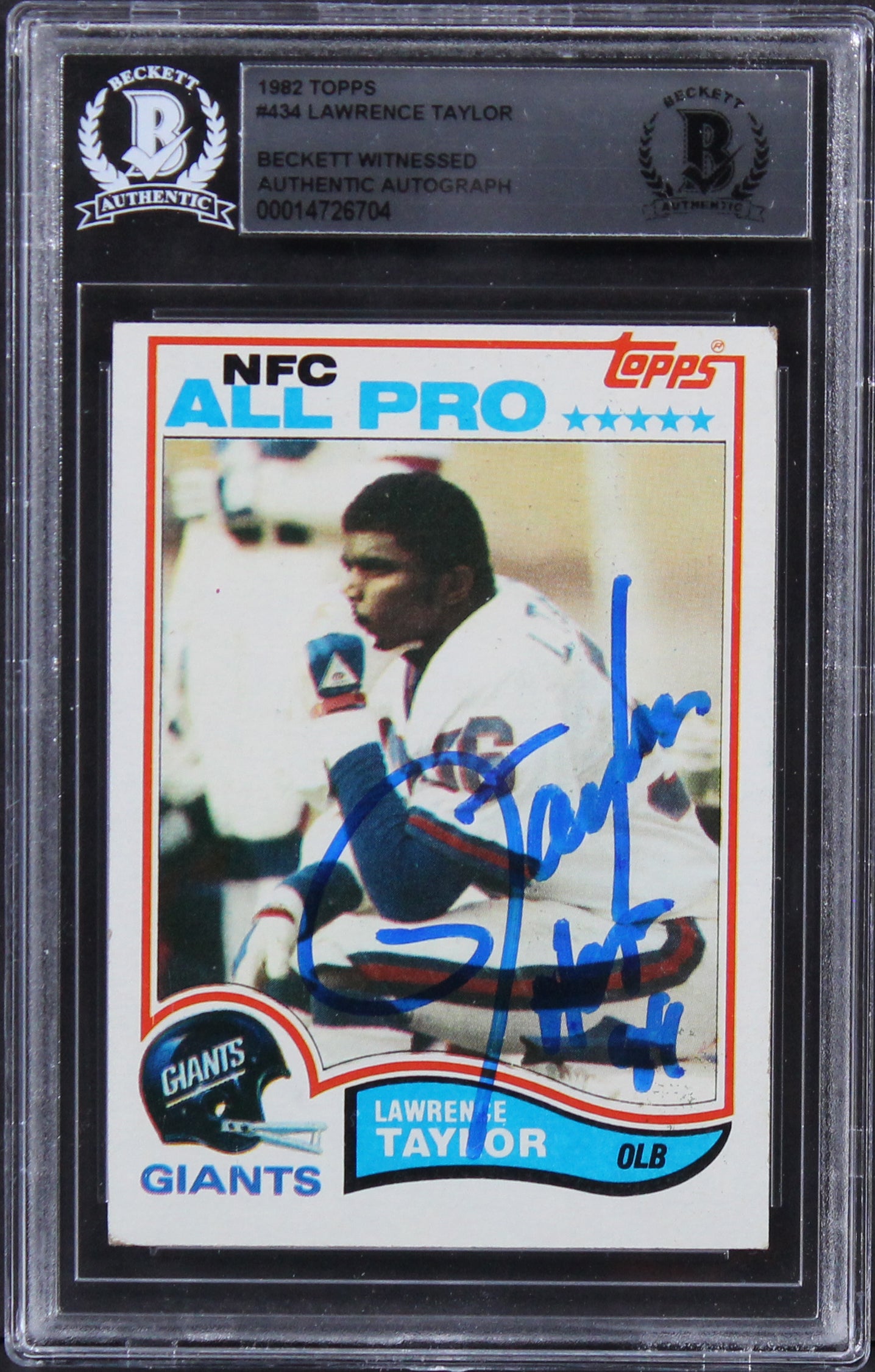 Giants Lawrence Taylor HOF 99 Authentic Signed 1982 Topps #434 Card BAS Slabbed