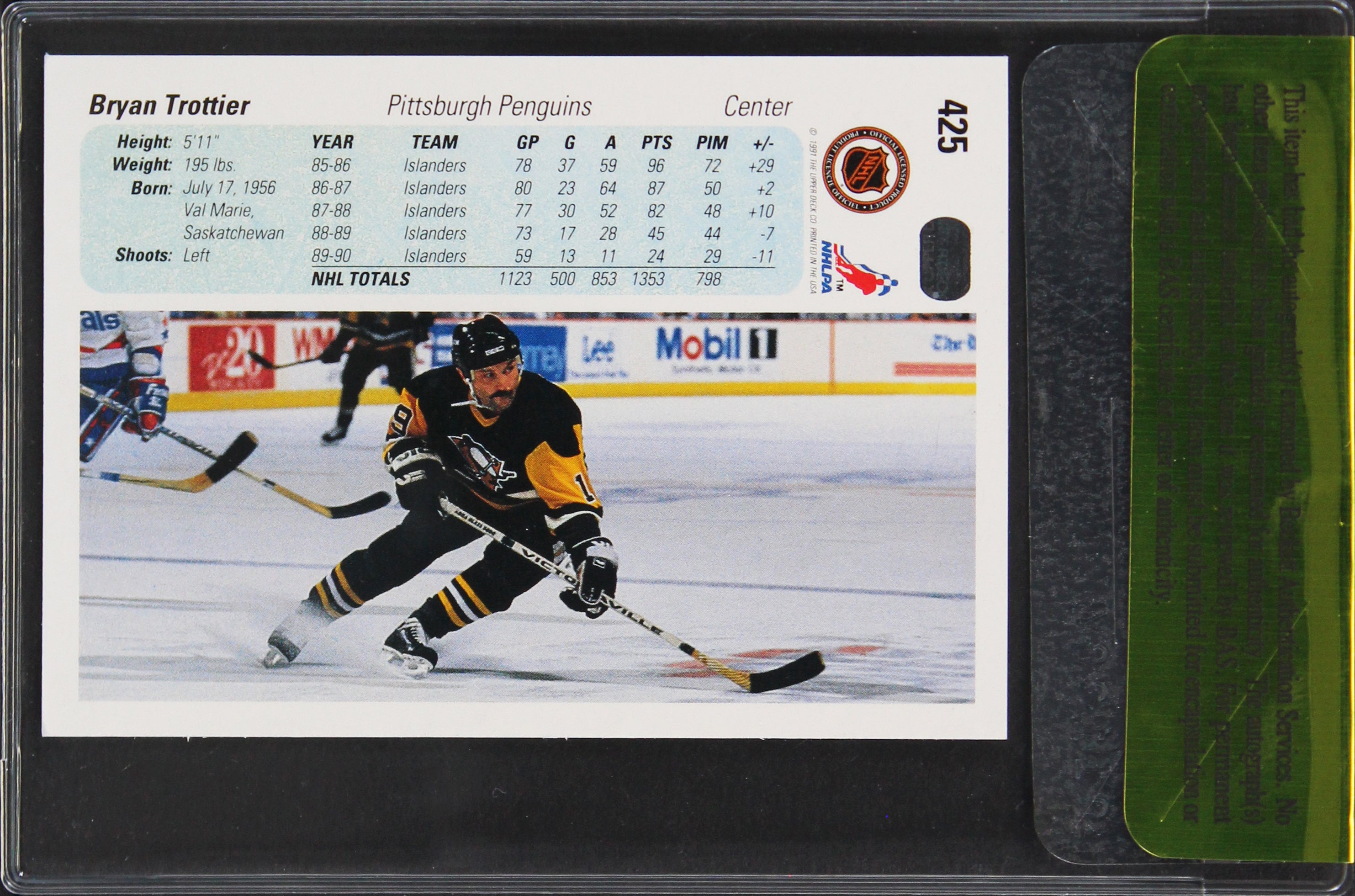 Penguins Bryan Trottier Authentic Signed 1991 Upper Deck #425 Card BAS #11384