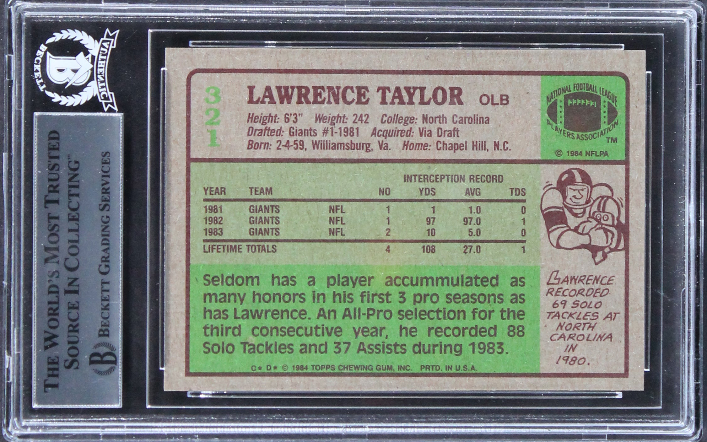 Giants Lawrence Taylor Authentic Signed 1984 Topps #321 Card BAS Slabbed