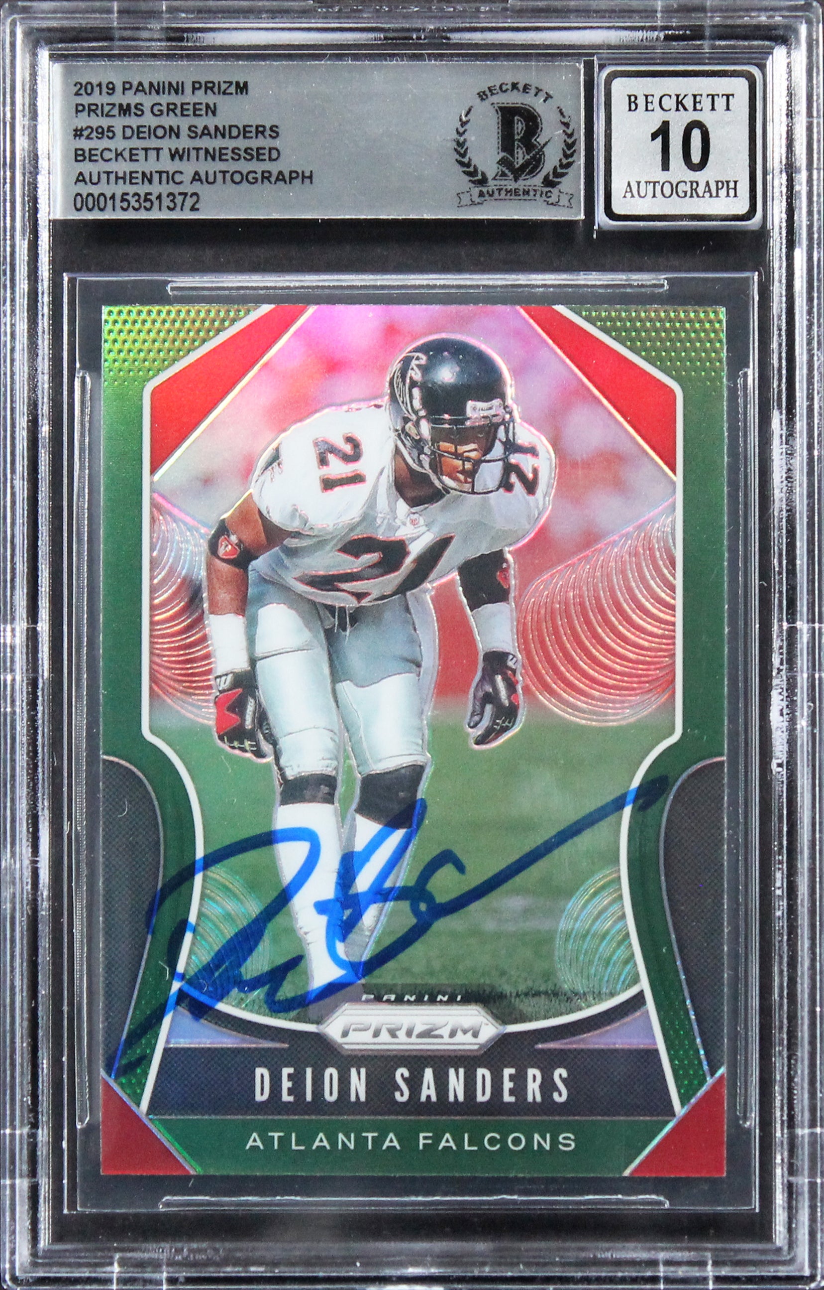 Deion Sanders Signed 2019 Panini Prizm Prizms Green #295 Card Auto 10! BAS Slab