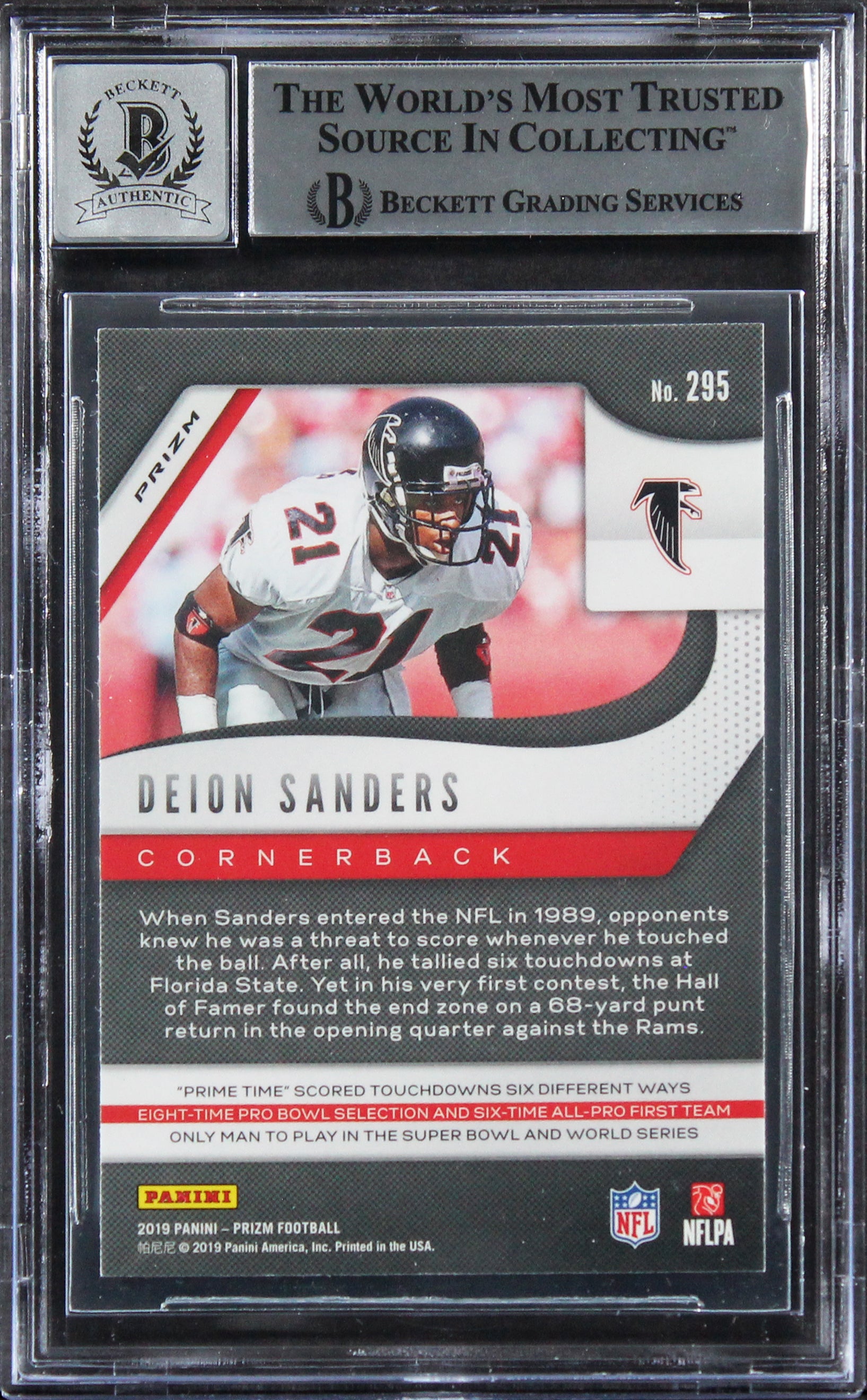 Deion Sanders Signed 2019 Panini Prizm Prizms Green #295 Card Auto 10! BAS Slab