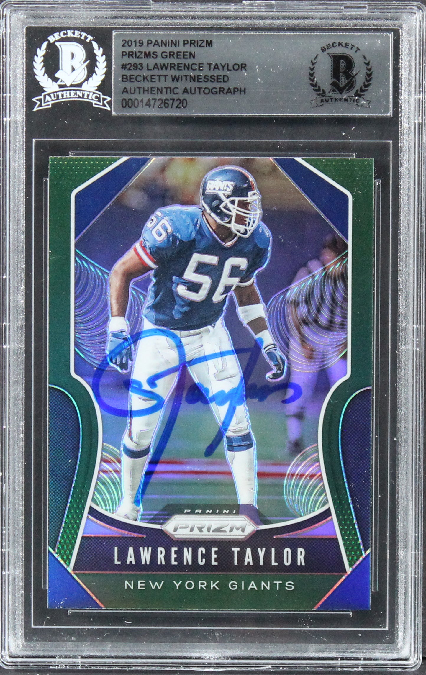 Giants Lawrence Taylor Signed 2019 Panini Prizm Green #293 Card BAS Slabbed