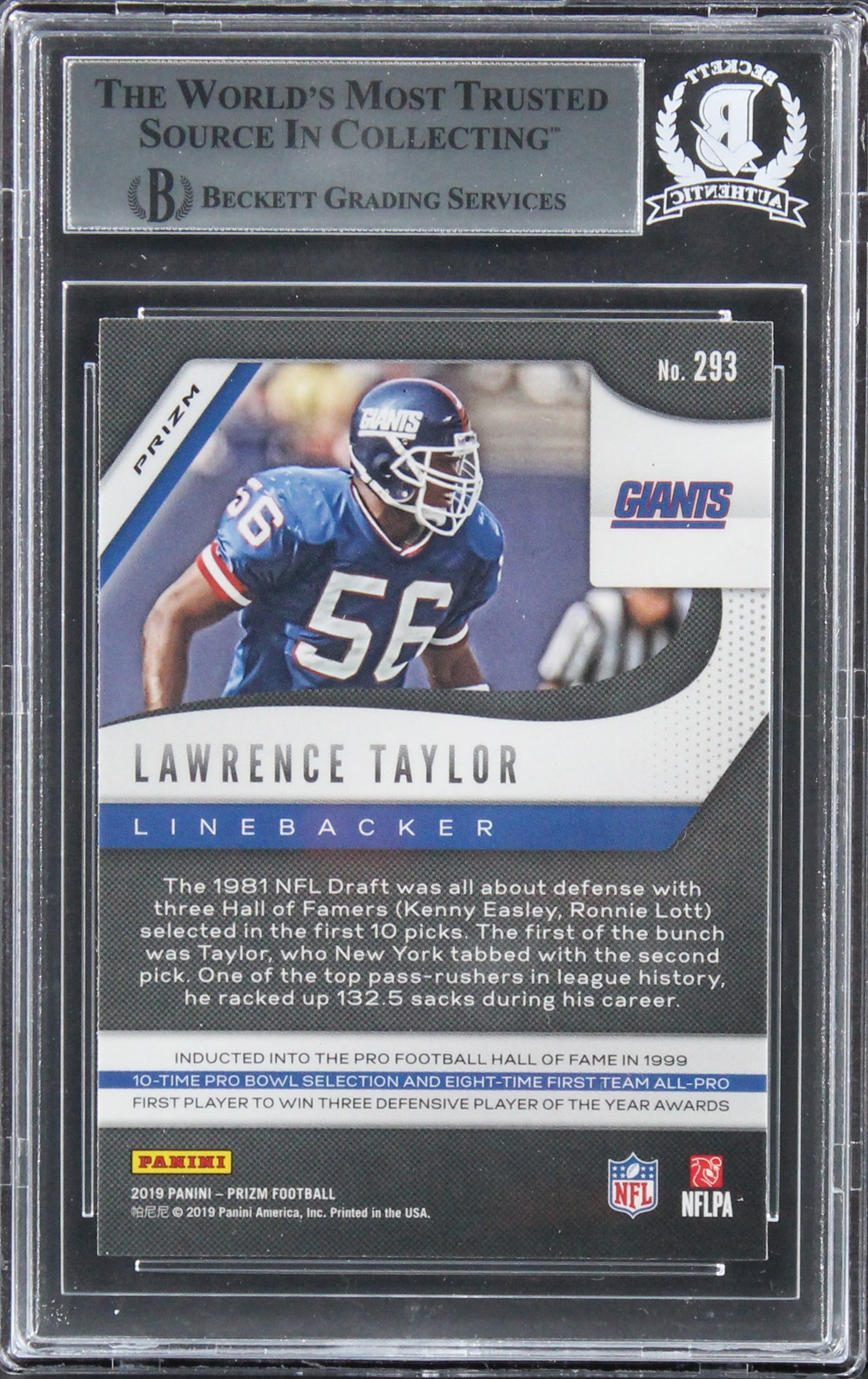 Giants Lawrence Taylor Signed 2019 Panini Prizm Green #293 Card BAS Slabbed
