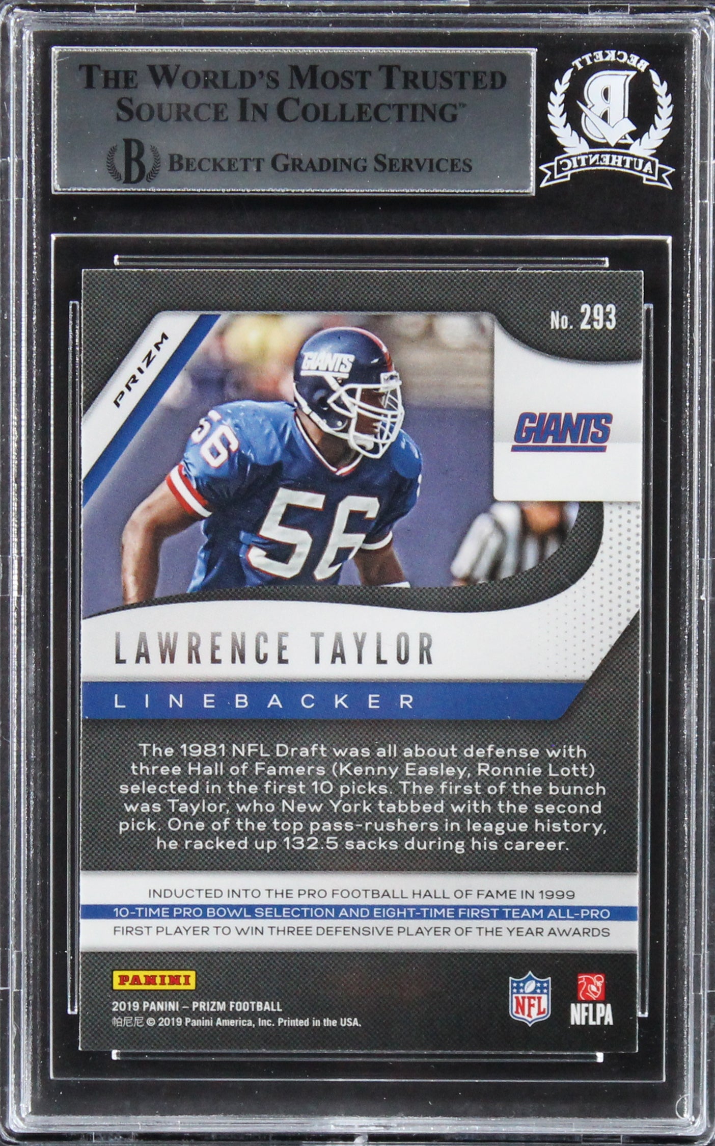 Giants Lawrence Taylor Signed 2019 Panini Prizm Lazer #293 Card BAS Slabbed