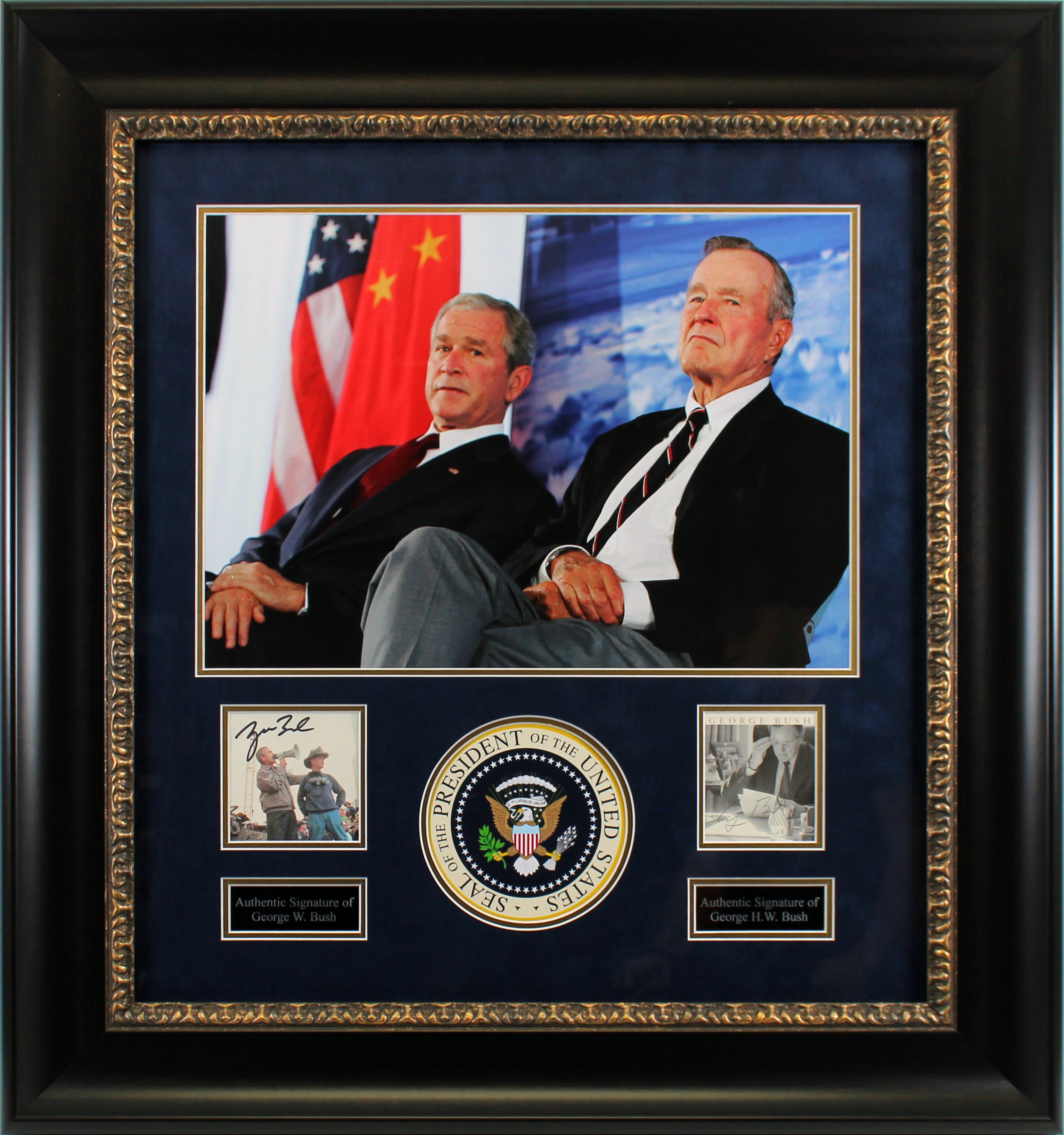 George H.W. Bush & George W. Bush Signed Cut Sig Framed Display BAS #AA03683