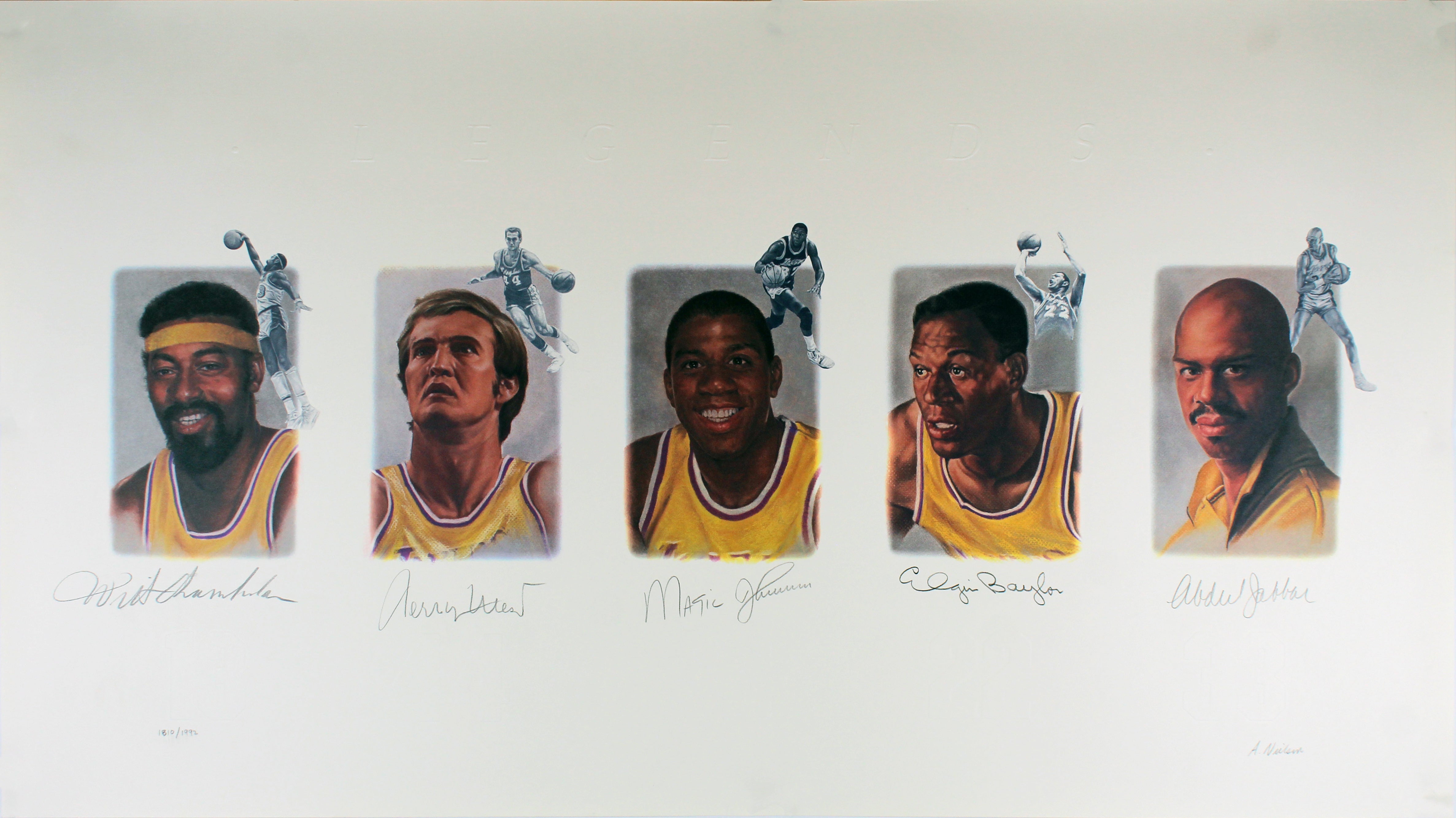 Lakers Legends (5) Chamberlain, Jabbar, Johnson Signed 22x39 Lithograph BAS