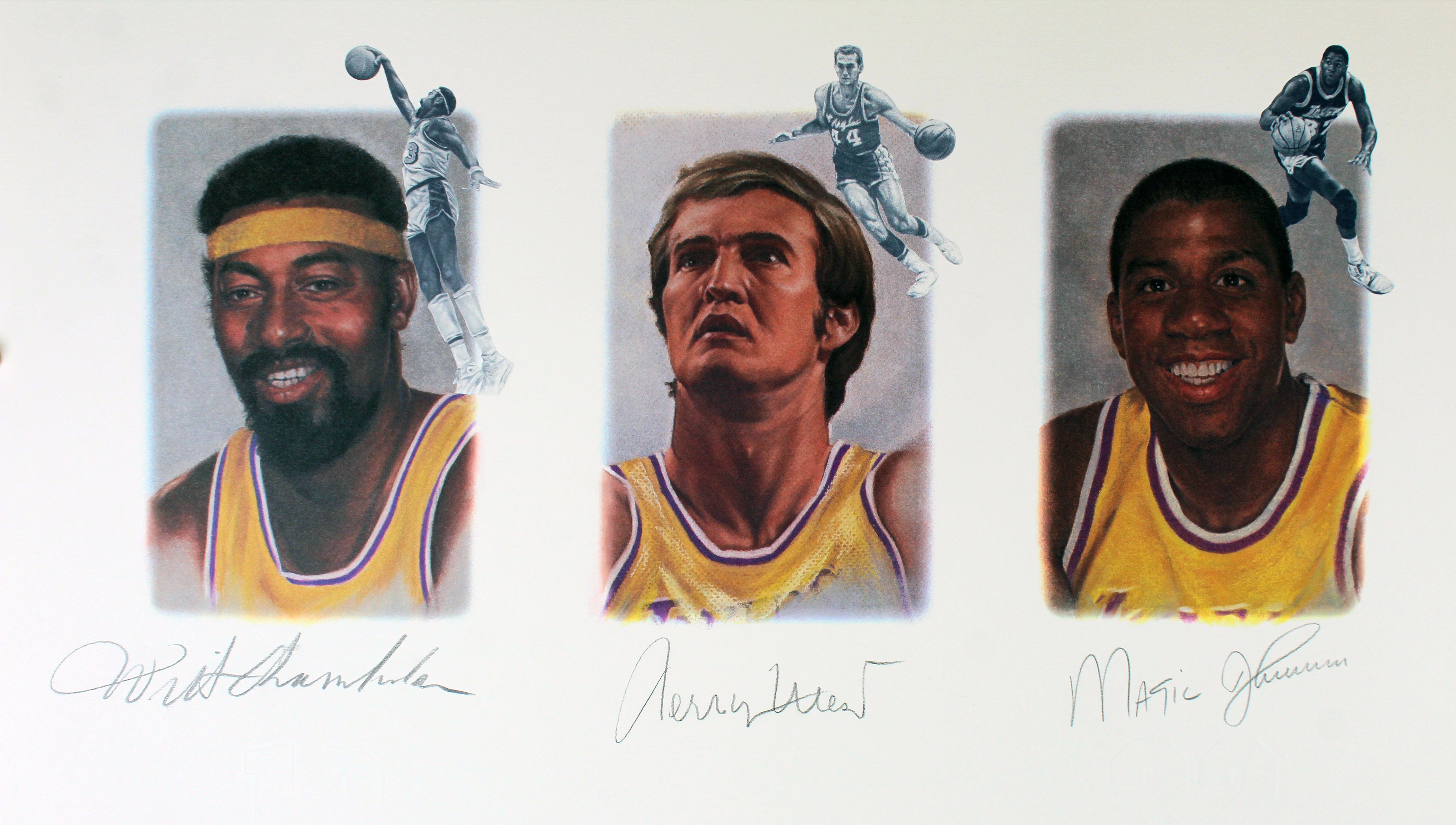 Lakers Legends (5) Chamberlain, Jabbar, Johnson Signed 22x39 Lithograph BAS
