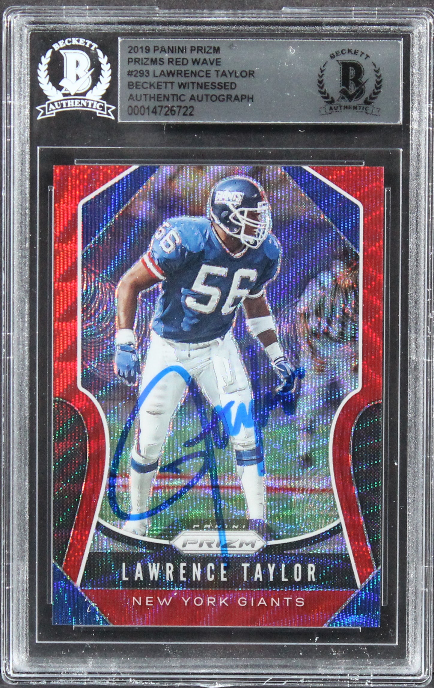 Giants Lawrence Taylor Signed 2019 Panini Prizm Red Wave #293 Card BAS Slabbed