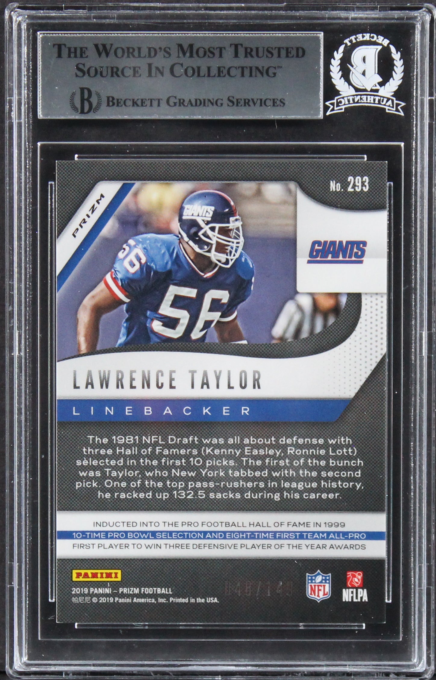 Giants Lawrence Taylor Signed 2019 Panini Prizm Red Wave #293 Card BAS Slabbed