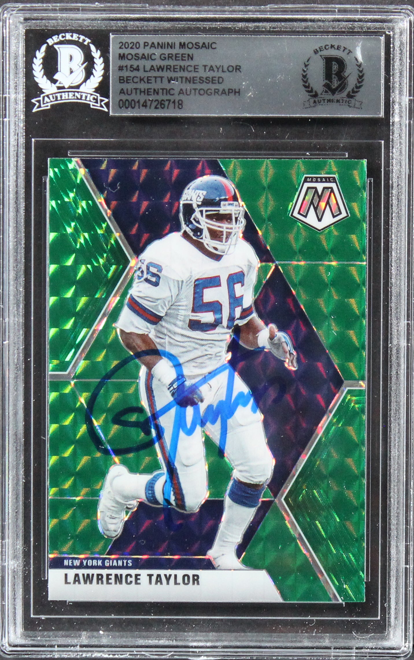 Giants Lawrence Taylor Signed 2020 Panini Mosaic Green #154 Card BAS Slabbed