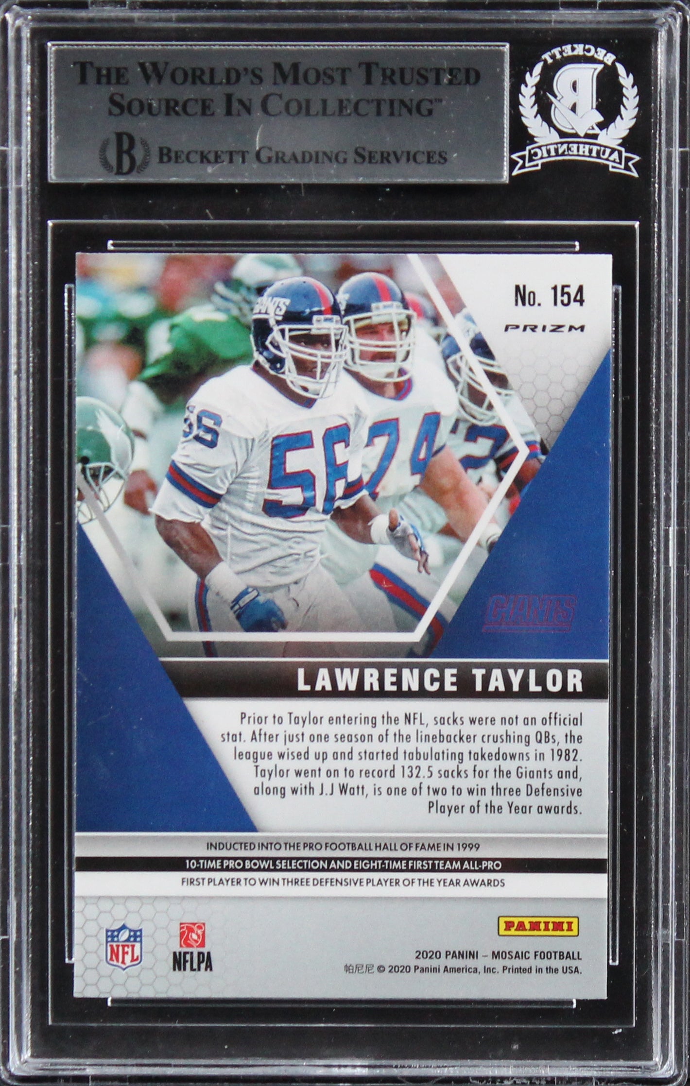 Giants Lawrence Taylor Signed 2020 Panini Mosaic Green #154 Card BAS Slabbed